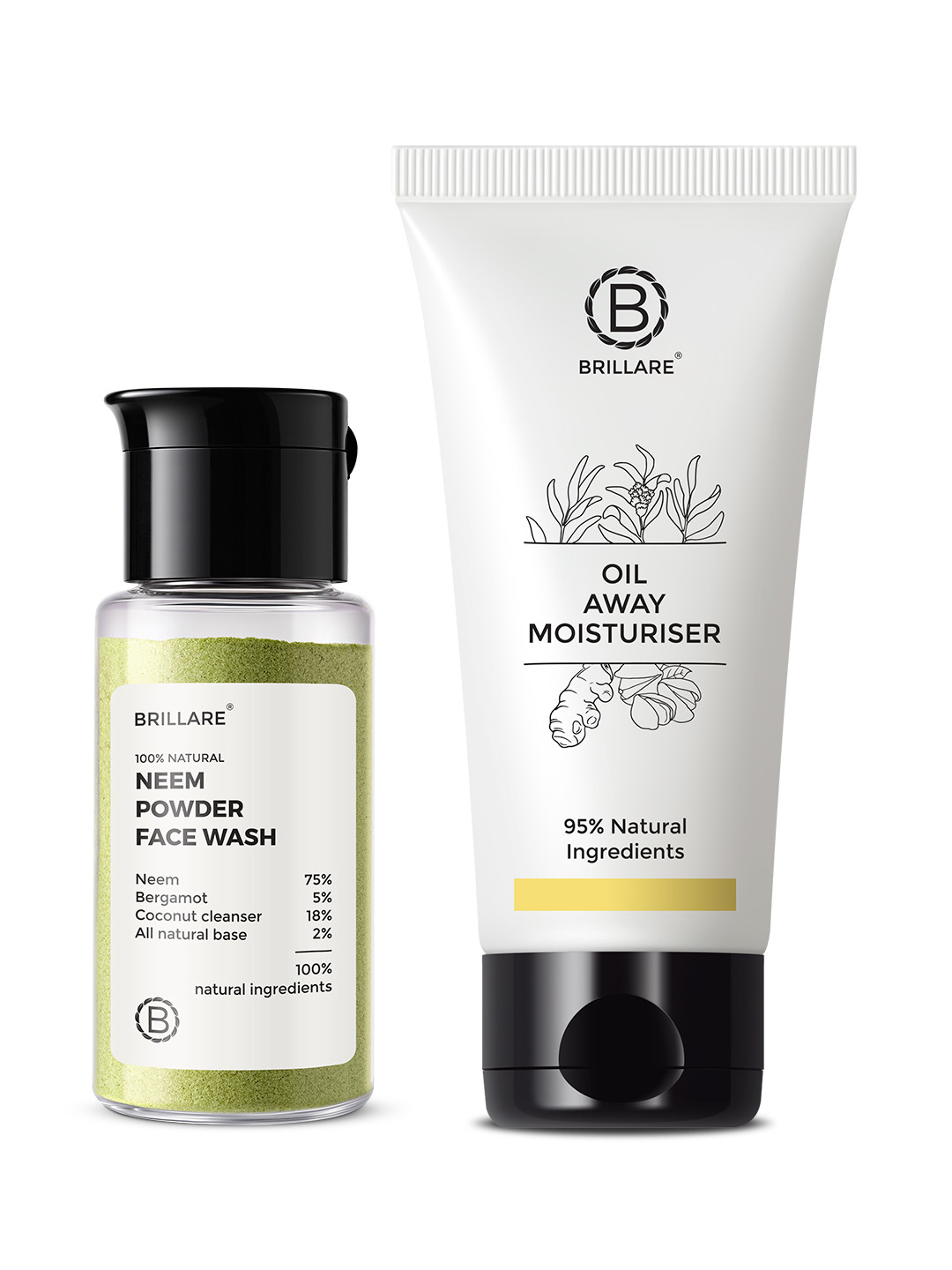 BRILLARE Sustainable Acne Skin Care Set - Oil Away Moisturiser 50ml & Real Neem Powder Face Wash 15g