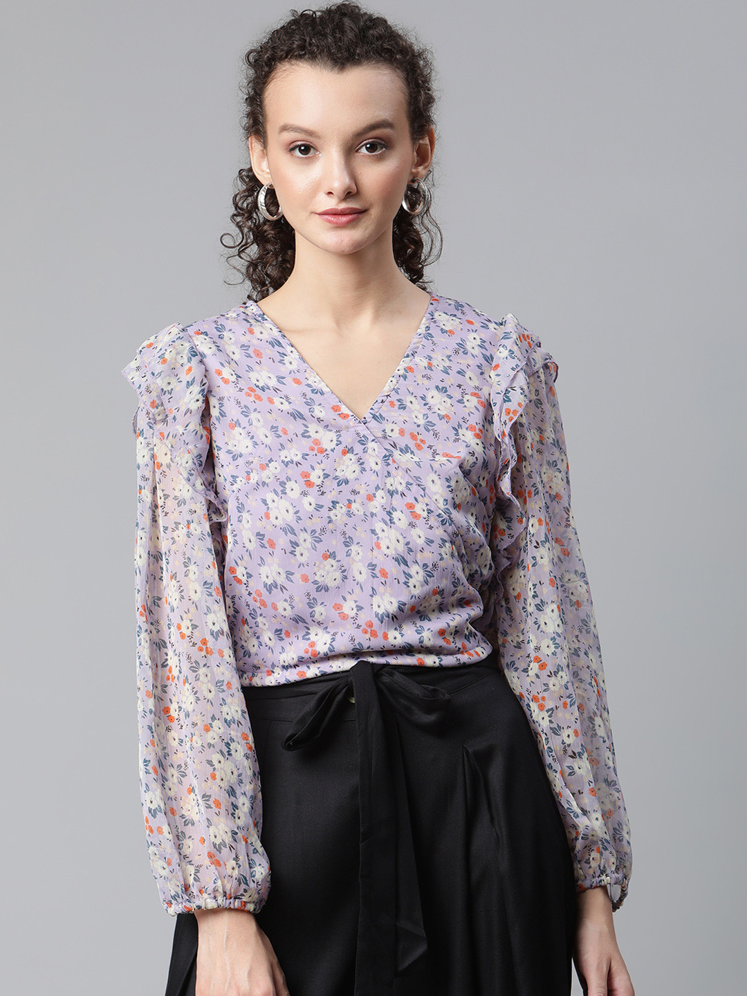 plusS Women Lavender & Off White Floral Print Wrap Top