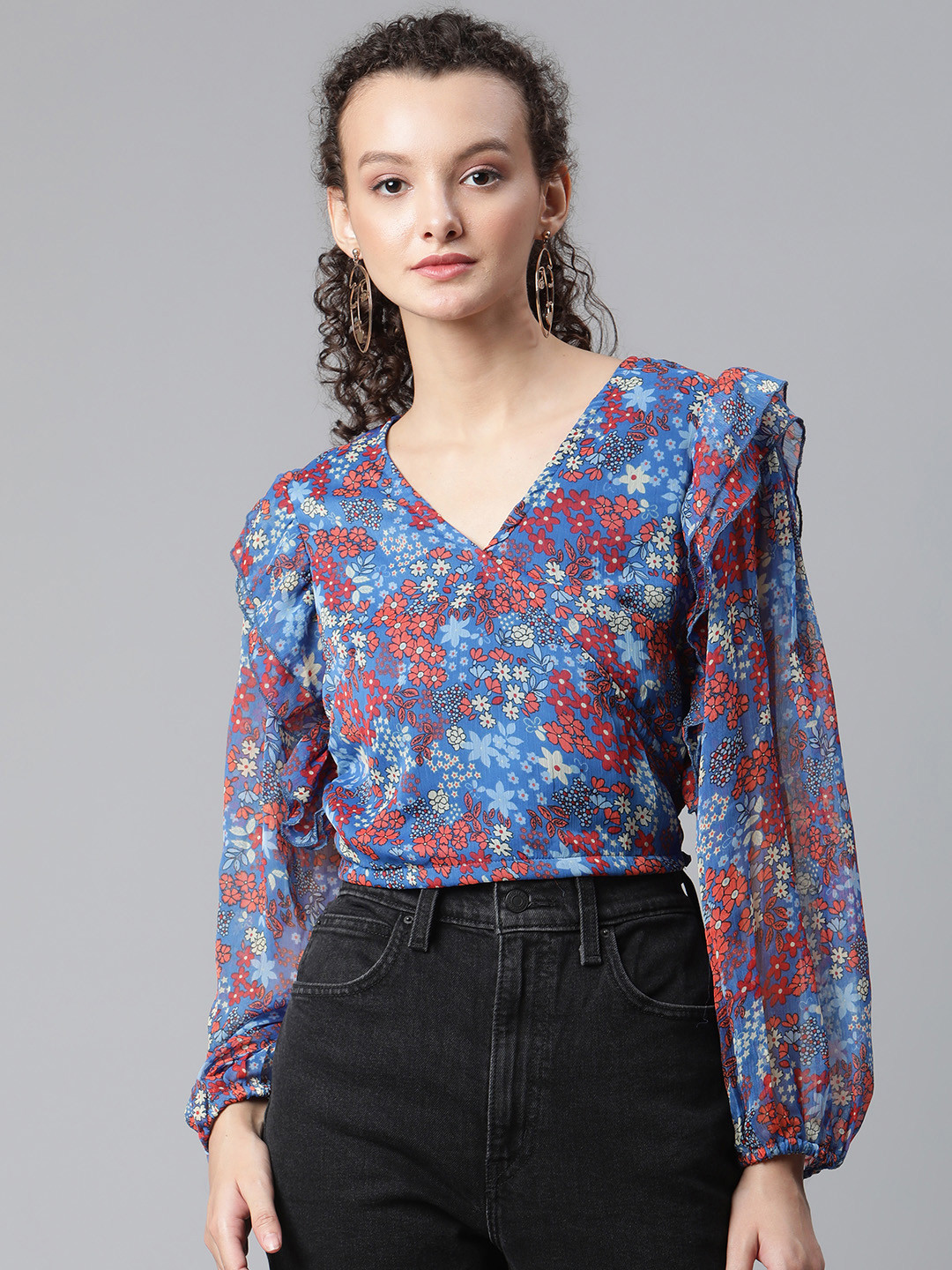 plusS Women Blue & Red Floral Print Wrap Top