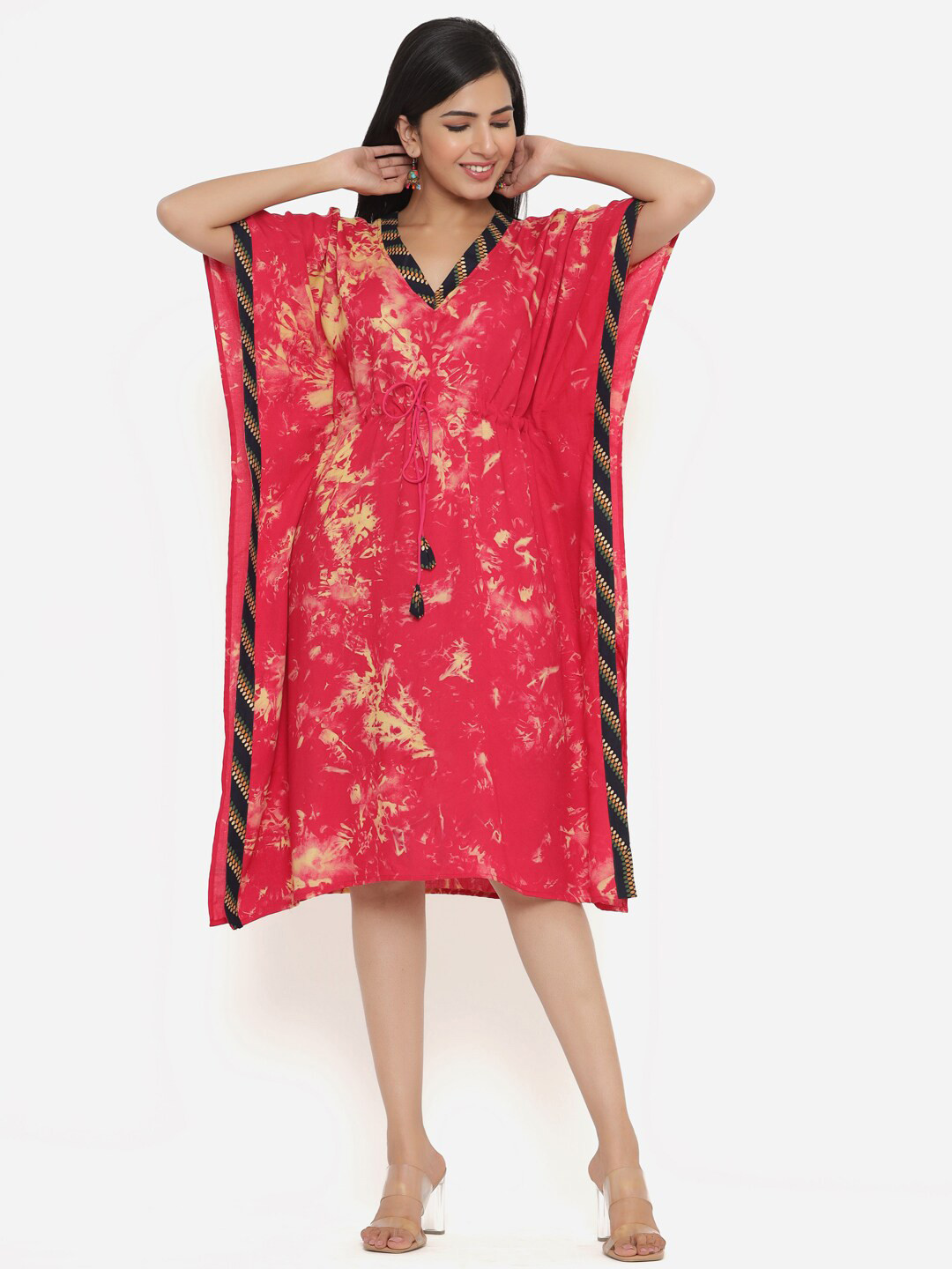 Fabriko Red Floral Crepe Kaftan Dress