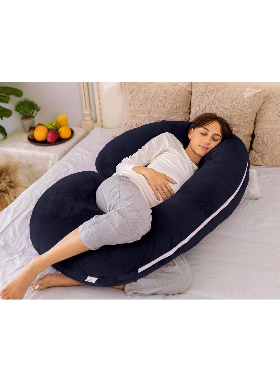 Pum Pum Hollow Fiber Navy Blue Solid Faux Velvet Adjustable Medium Fibre Maternity Pillow-139 x 71 cm