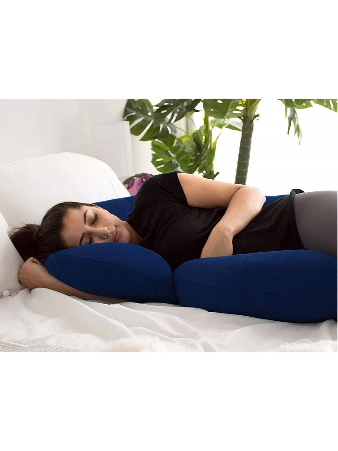 Pum Pum Hollow Fiber Navy Blue Solid Faux Velvet Medium Fibre Maternity Pillow-25 x 101 x 130 cm