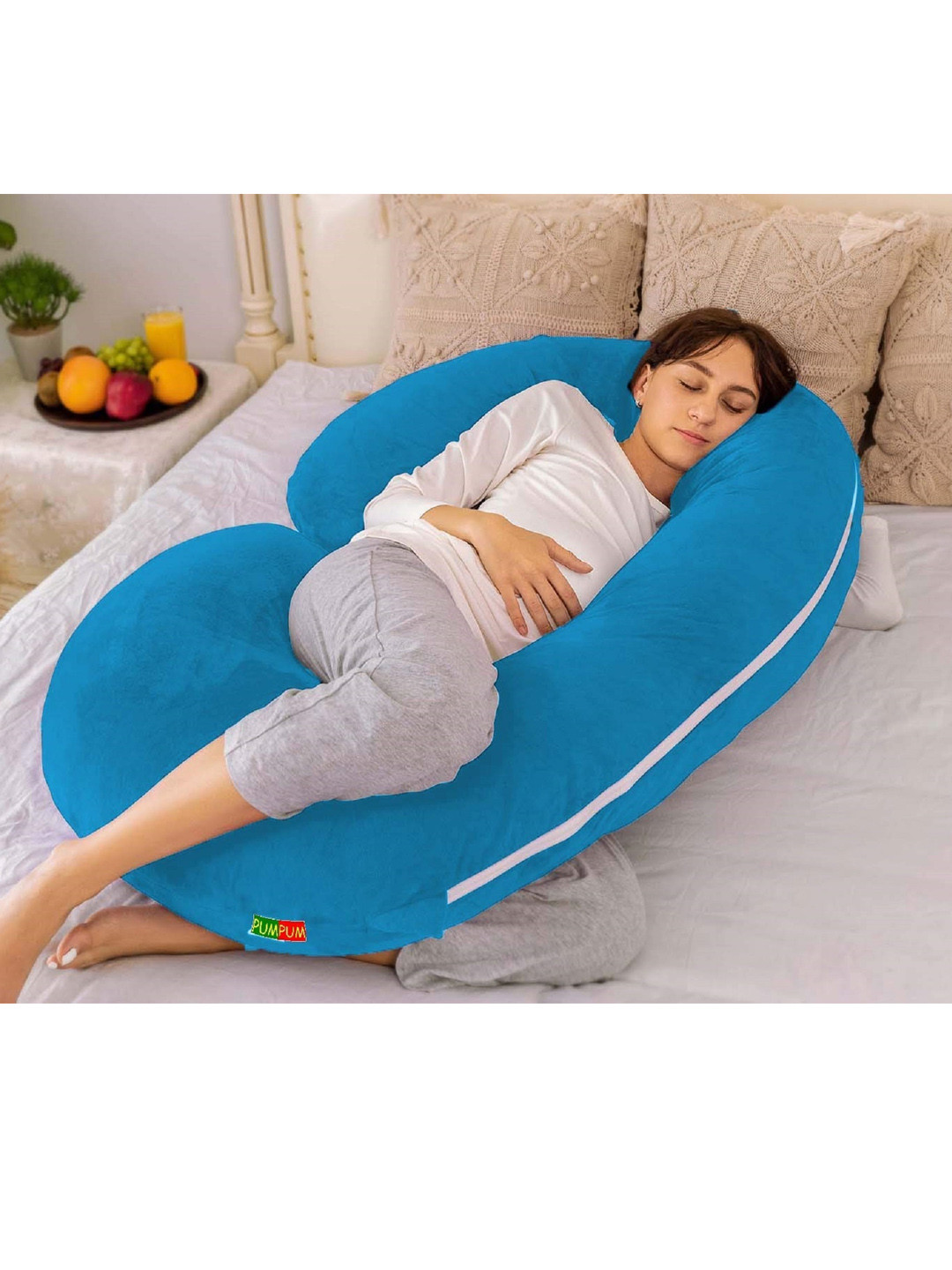 Pum Pum Hollow Fiber Blue Solid Faux Velvet Medium Fibre Maternity Pillow-132.08 x 83.82 x 25.4 cm