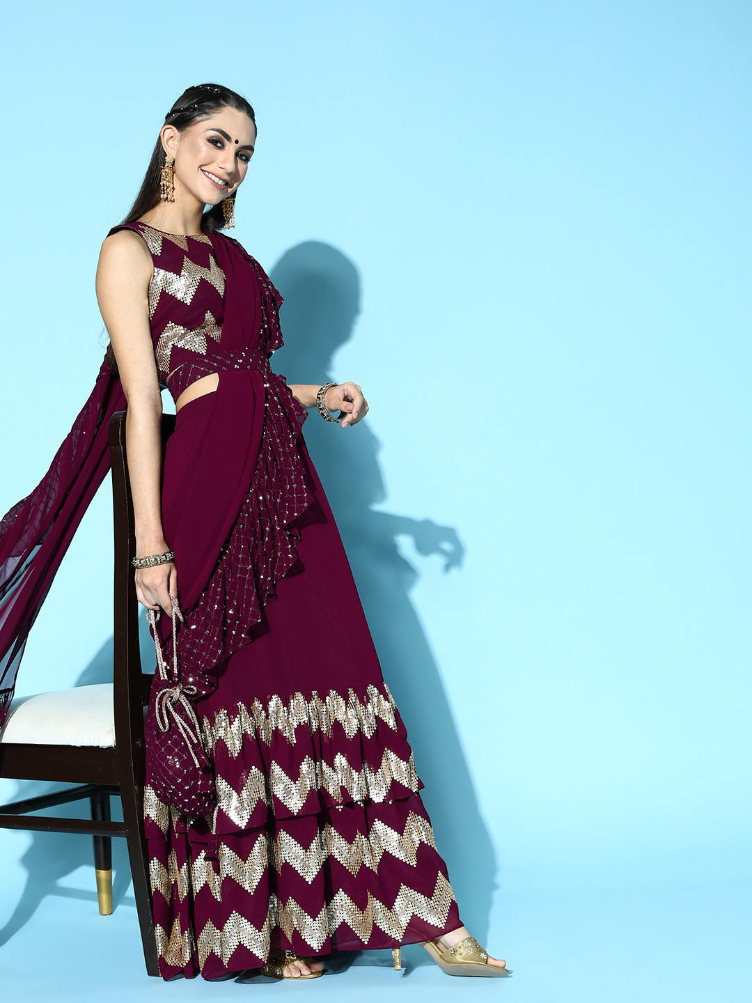 Libas Geometric Saree with Embellished Border & Potli