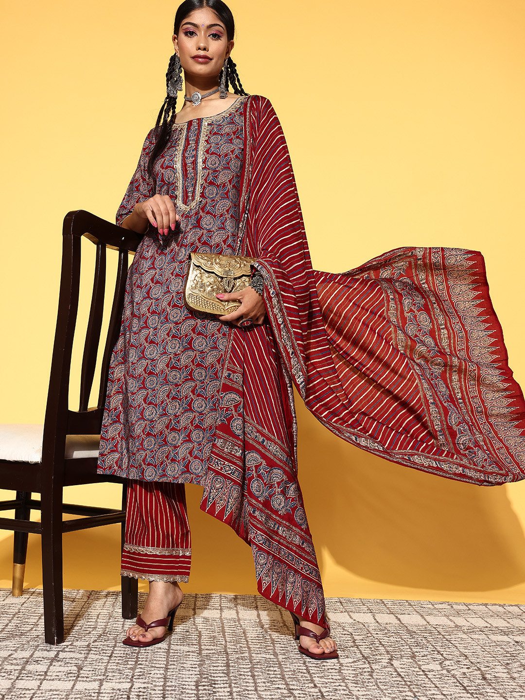 Libas Women Maroon Silk Blend Print Parade Kurta Set