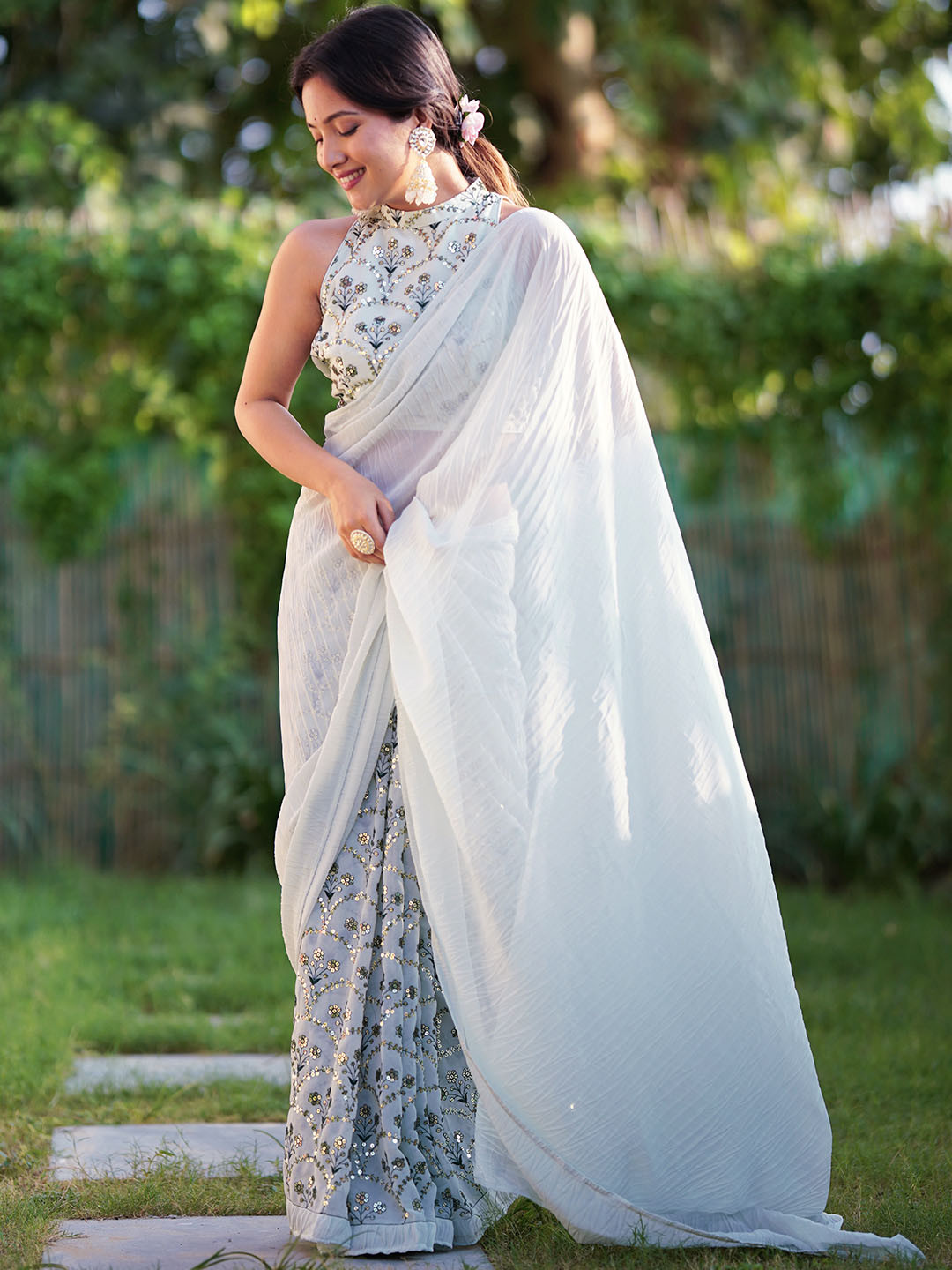 Libas Blue Floral Sequinned Saree