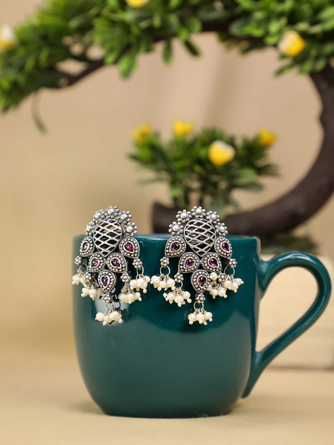 Arte Jewels Silver-Plated Oxidised Contemporary Drop Earrings