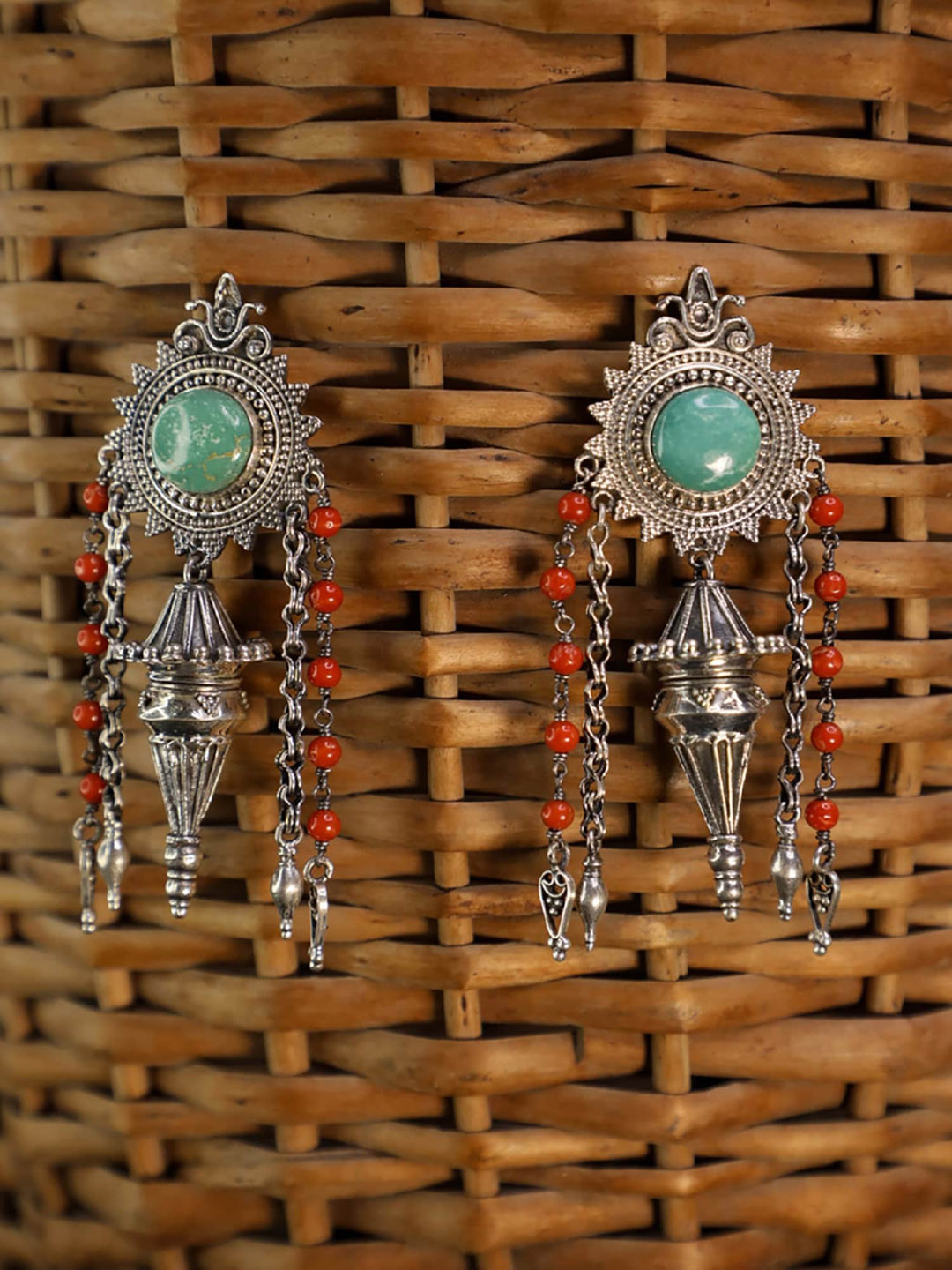 Arte Jewels Green & Silver-Toned & Plated Oxidised Jhumkas