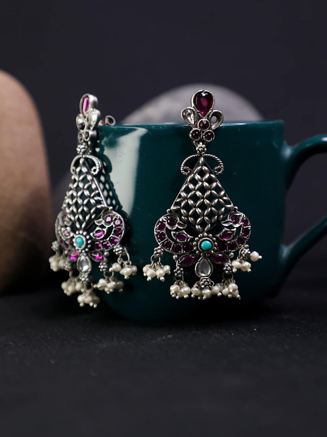 Arte Jewels Silver-Toned & Green Classic Drop Earrings