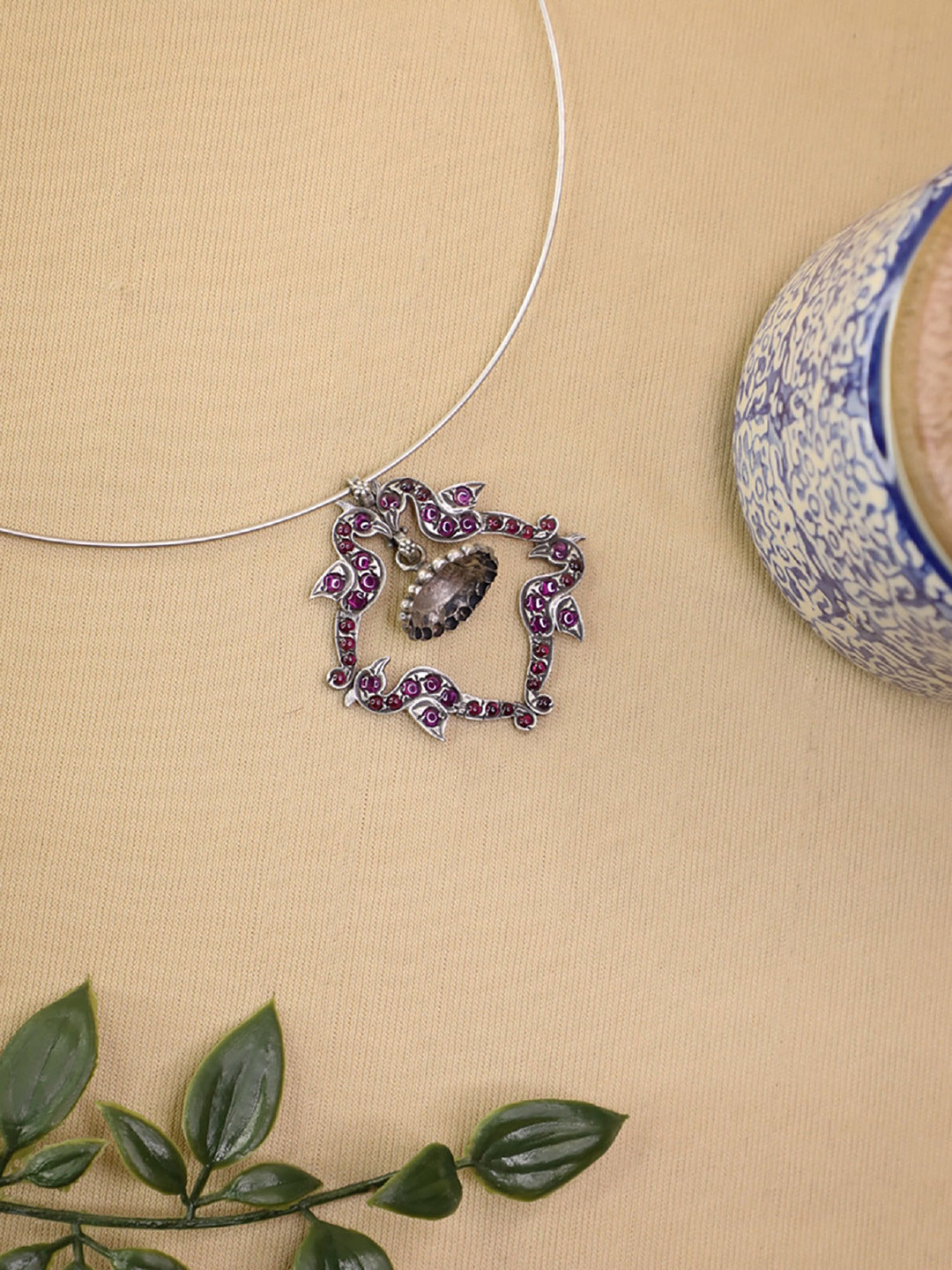 Arte Jewels Women Silver-Toned & Pink Artificial Stones Necklace