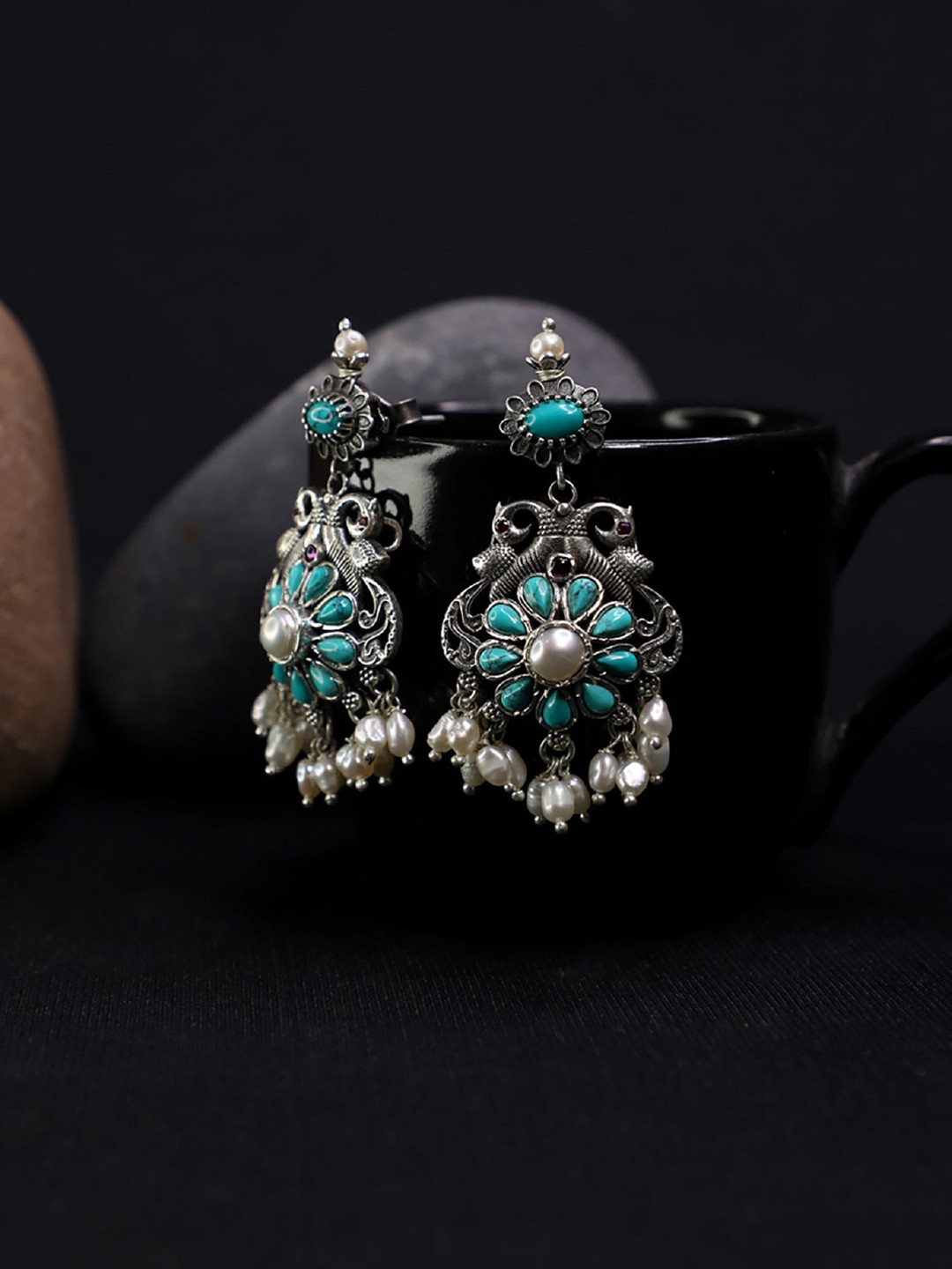 Arte Jewels Silver-Plated Blue Floral Drop Earrings