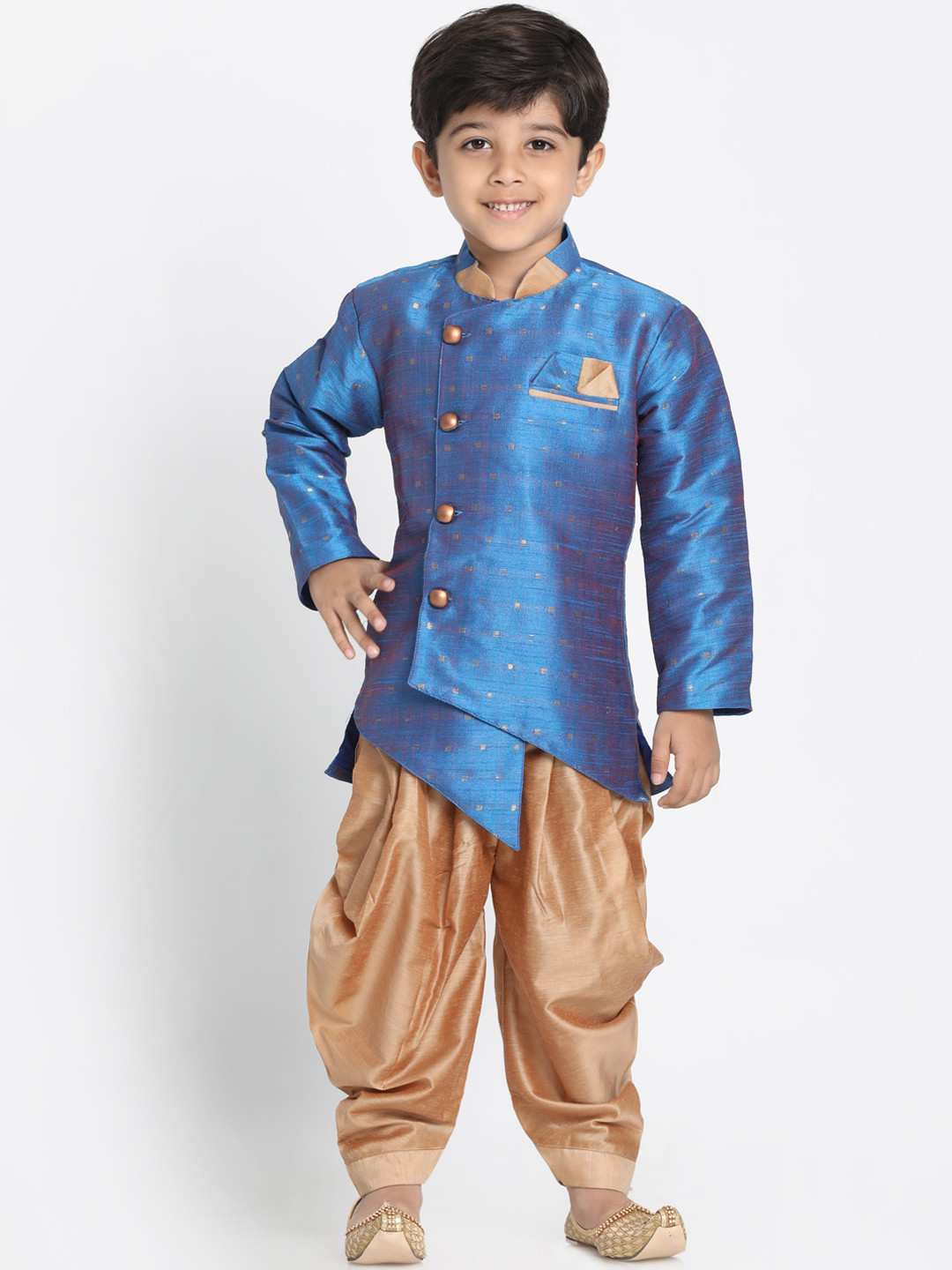 VASTRAMAY Boys Blue & Rose-Golden Woven Design Slim-Fit Sherwani