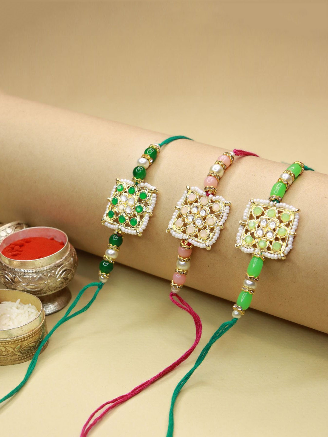 I Jewels Set of 3 Multcolored Beaded Studded Thread Rakhi