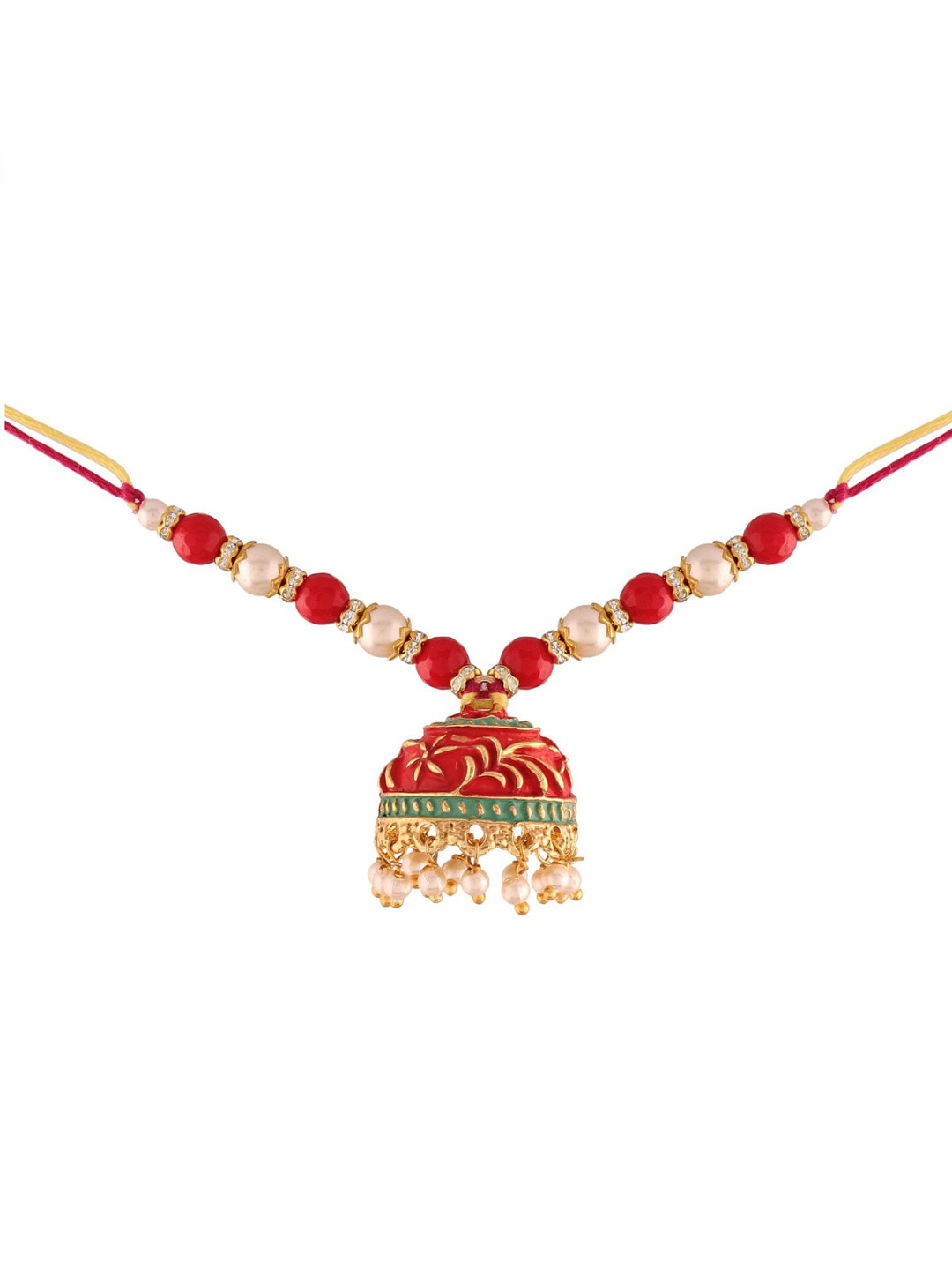 I Jewels Red Gold Plated Hanging Pearl Kundan Meenakari Bhabhi Rakhi