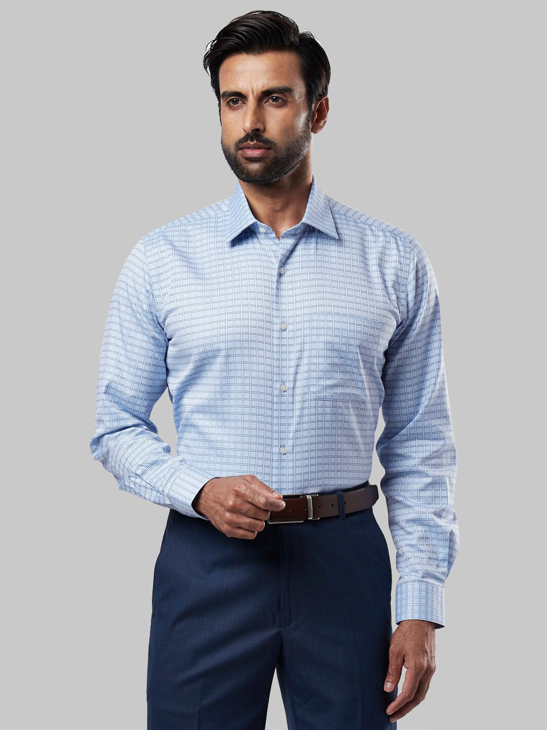 Raymond Men Blue Checked Cotton Formal Shirts