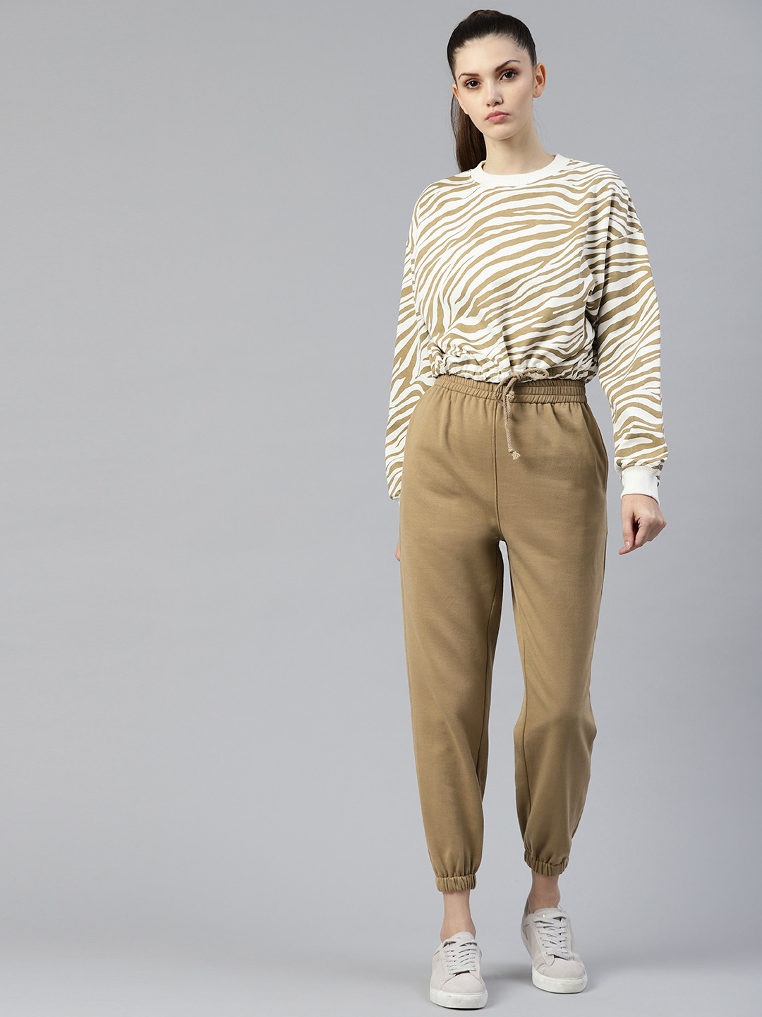 Laabha Women Off-White & Khaki Printed Co-Ords Set