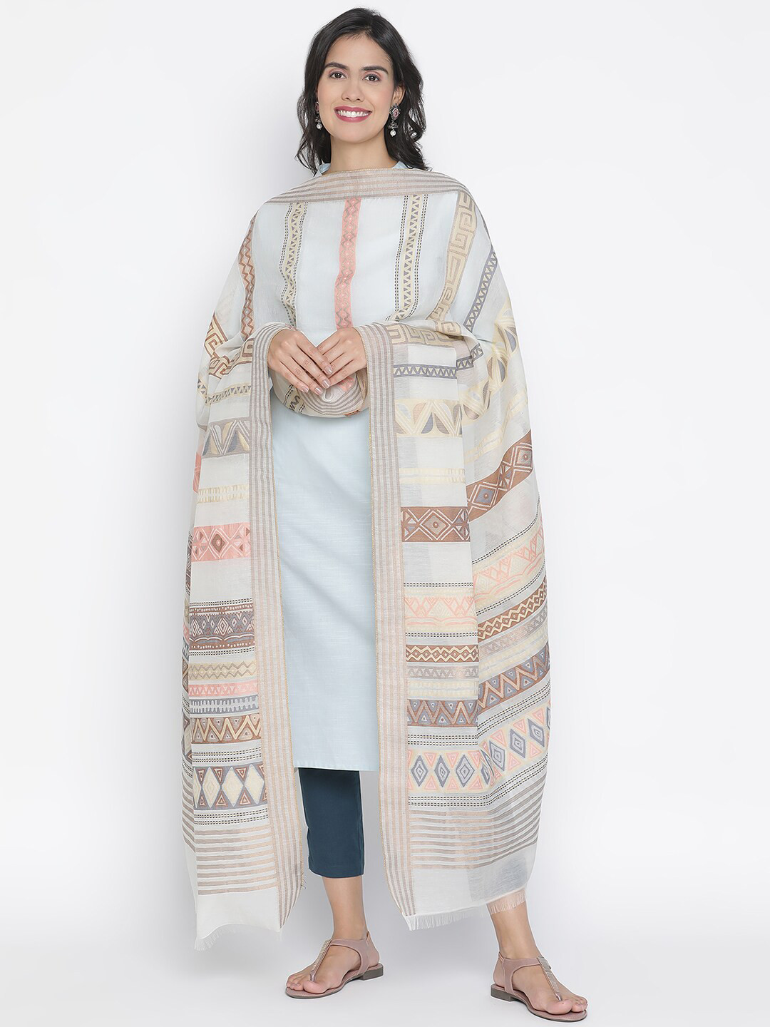 SHINGORA Off White & Peach-Coloured Woven Design Cotton Silk Dupatta