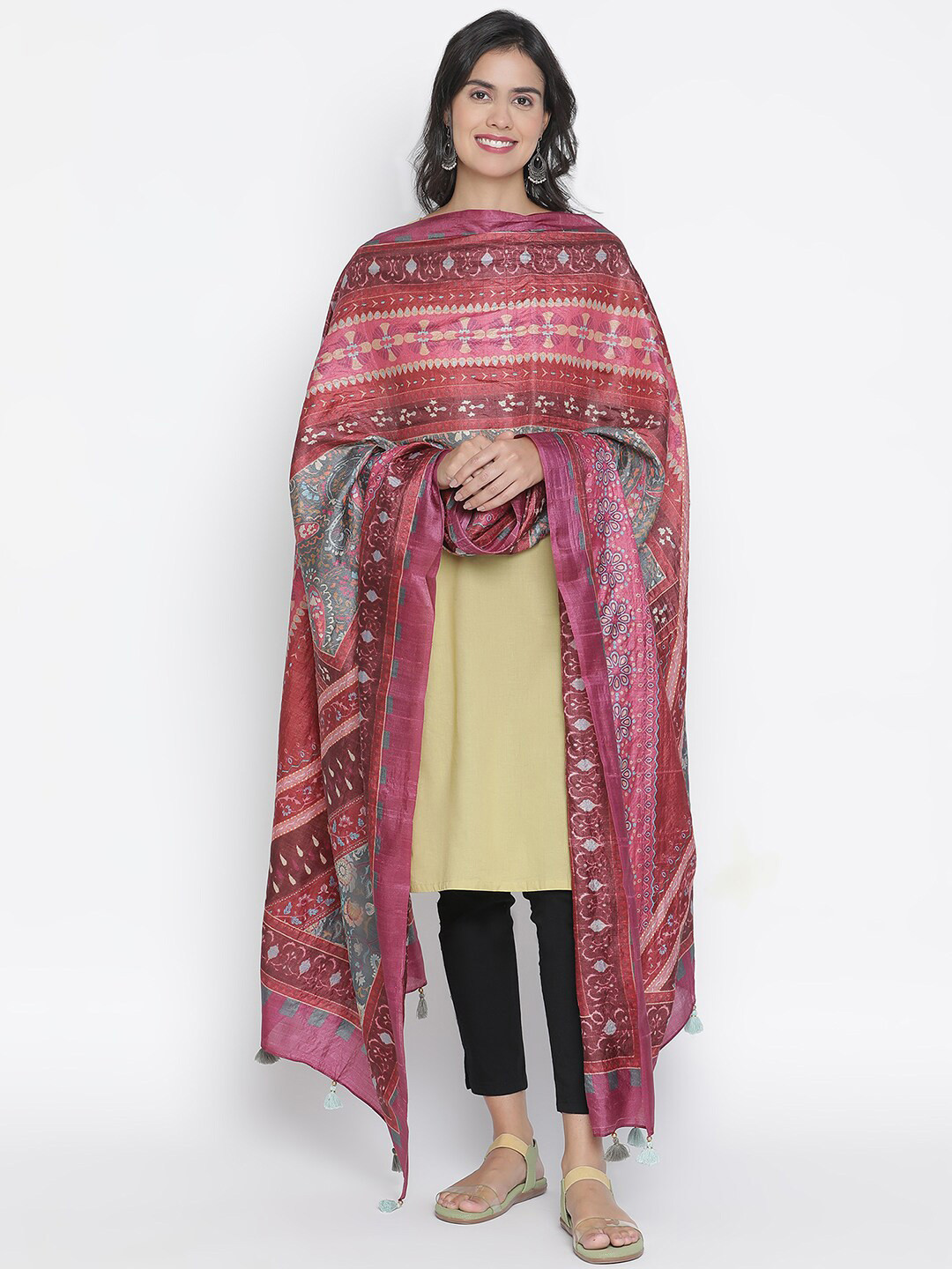 SHINGORA Maroon & Pink Paisley Printed Pure Silk Dupatta