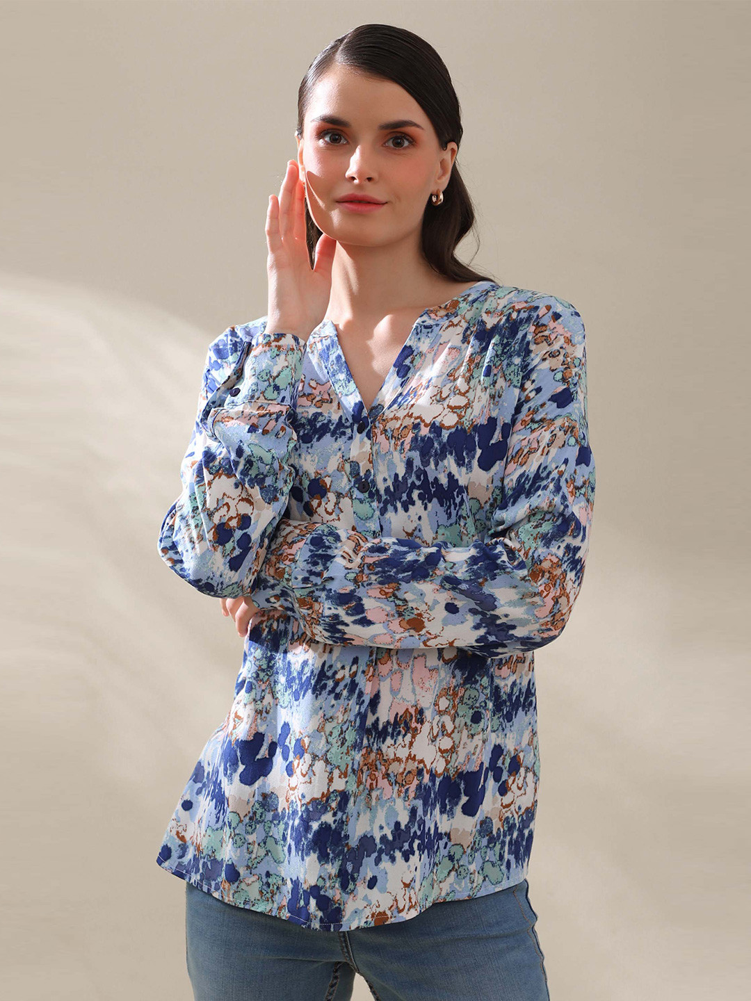 B.Copenhagen Blue Floral Print Mandarin Collar Top