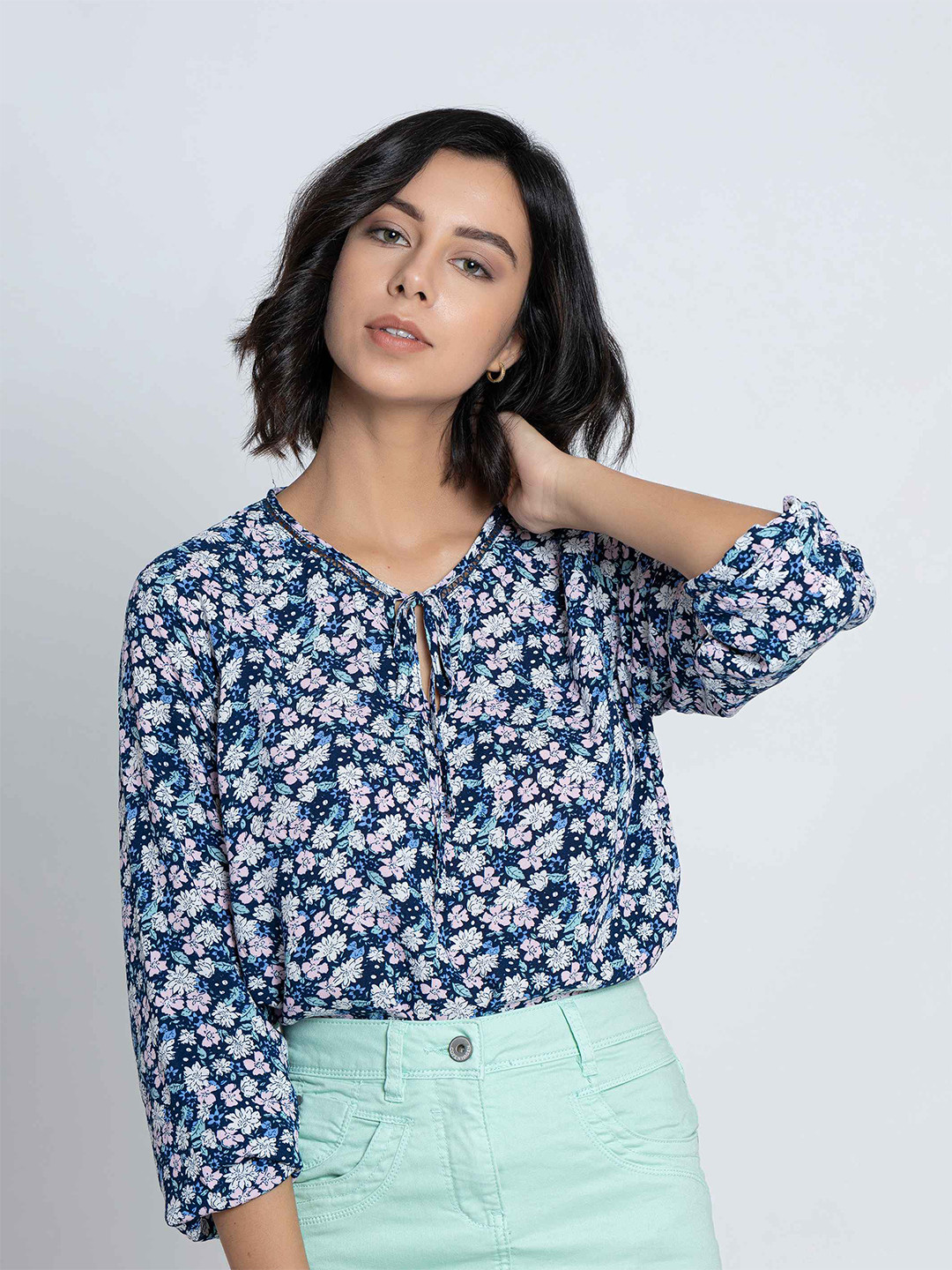 B.Copenhagen Blue & White Floral Print Tie-Up Neck Shirt Style Top