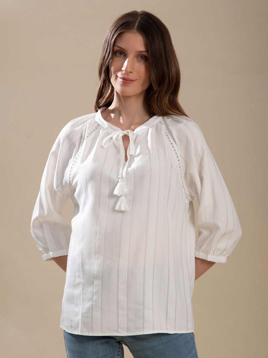 B.Copenhagen Off White Tie-Up Neck Top