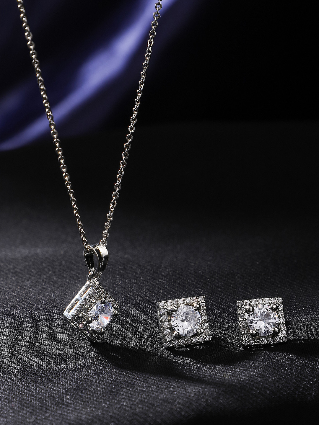 Yellow Chimes Silver Toned AD Crytal Studded  Square Shaped Pendant Set