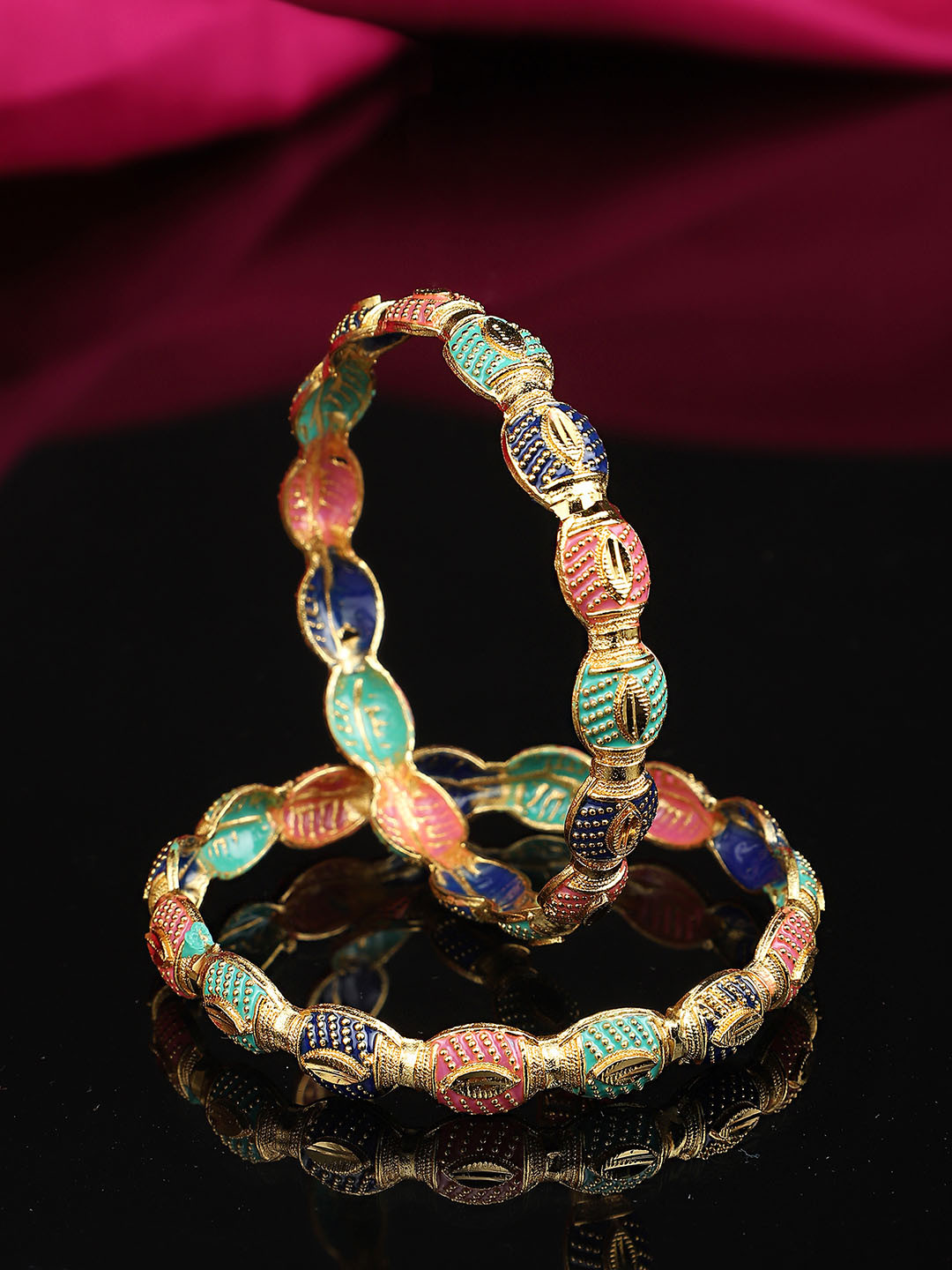 Yellow Chimes Set of 2 Gold-Plated Pink & Green  Meenakari Touch Traditional Bangles