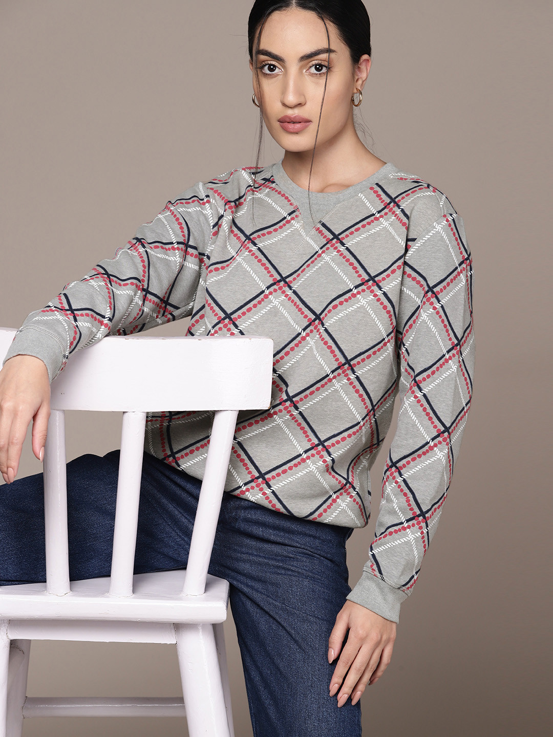 Macy's Karen Scott Women Grey Melange & Pink Checked Sweatshirt