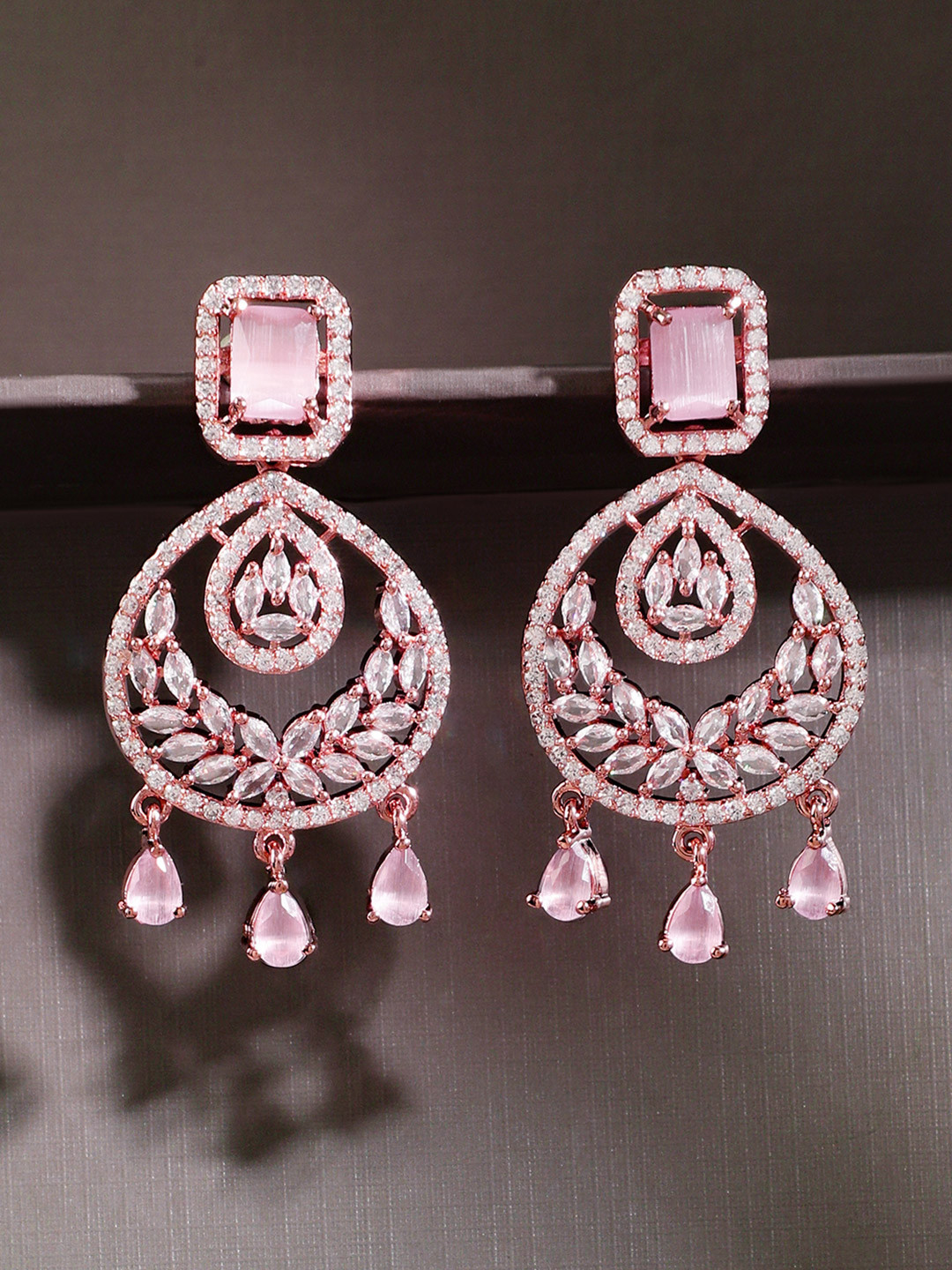 Rubans 18K Gold-Plated AD & Cubic Zirconia Studded Teardrop Shaped Drop Earrings