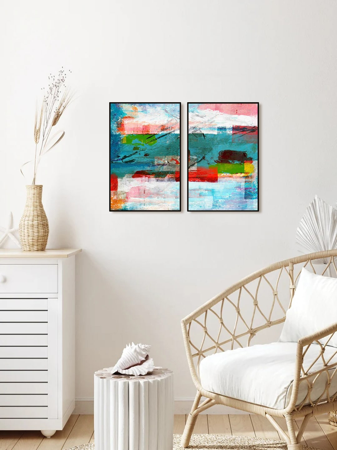 999Store Set Of 2 Blue & Red Printed Landscape Abstract Painting Wall Art