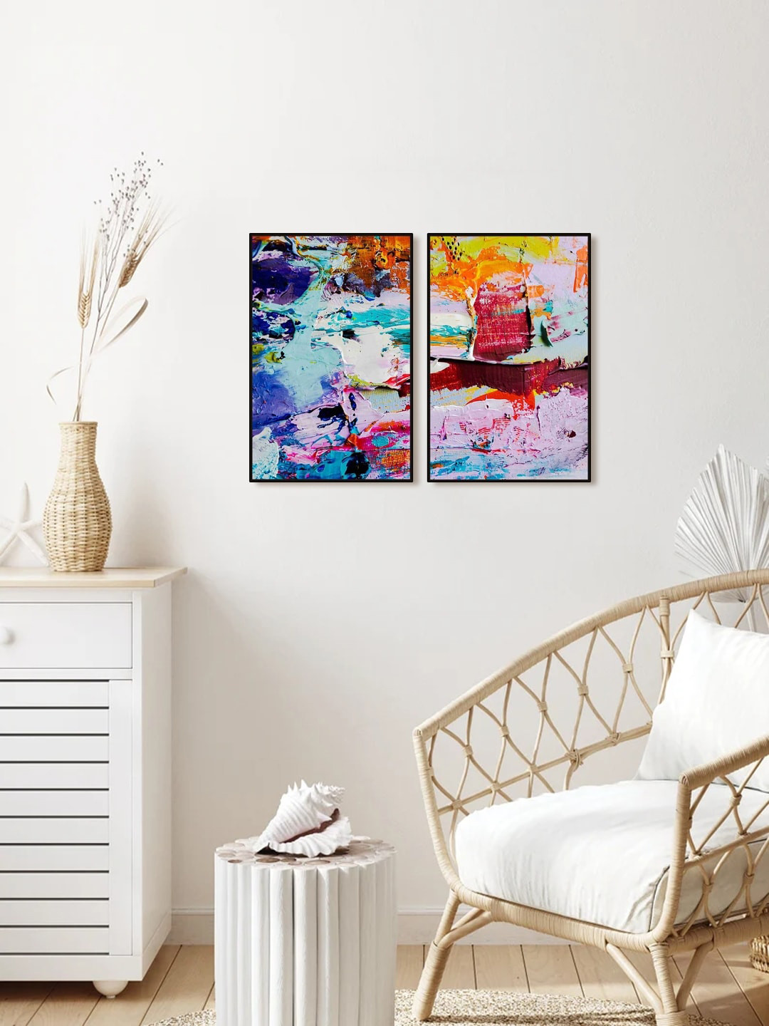 999Store Set of 2  Green , Blue & White Printed Abstract Painting Wall Art