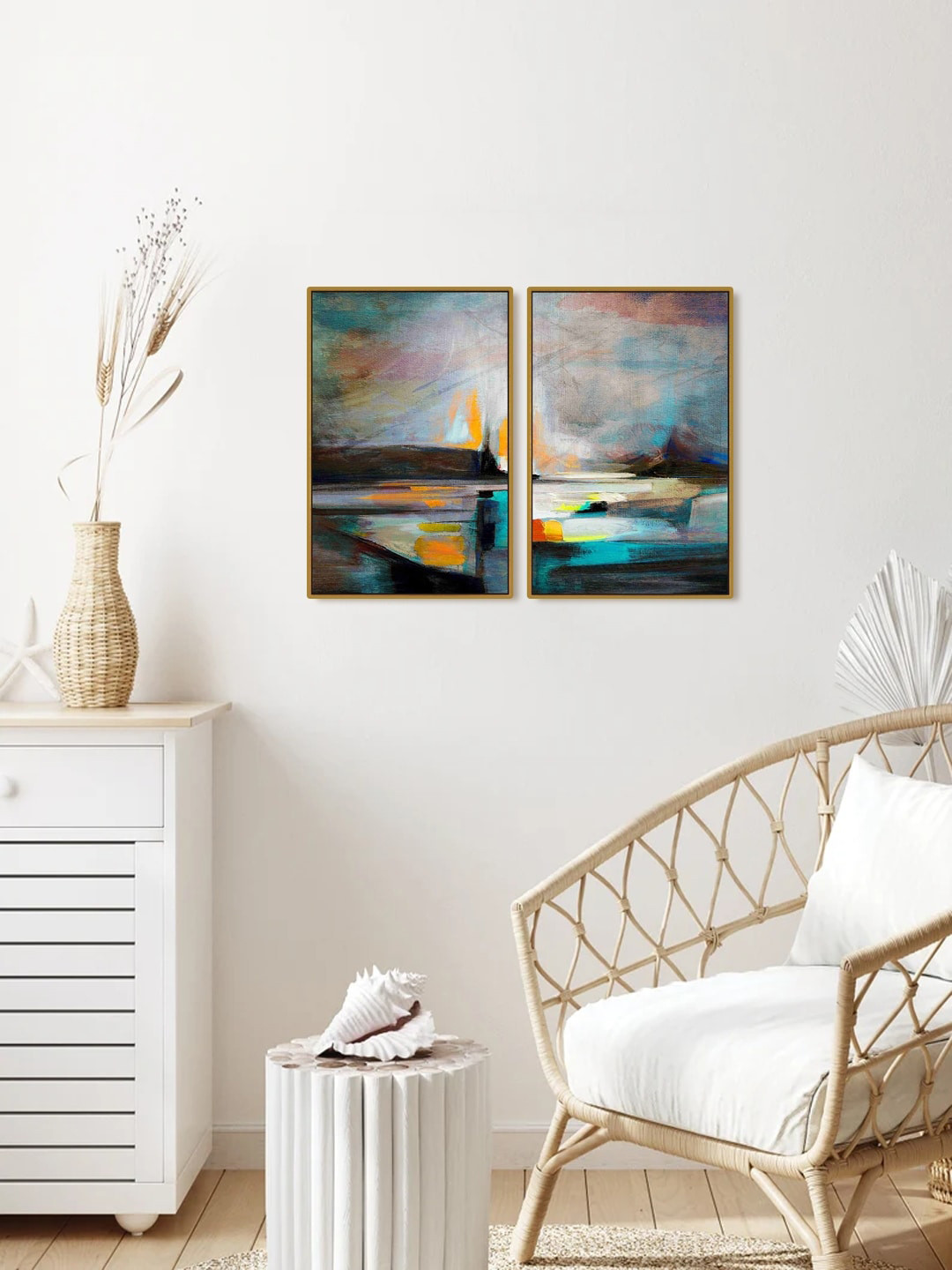 999Store Brown MDF 2 Pcs Wall Living Room Rectangle Paintings Wall Art -24 x 18In