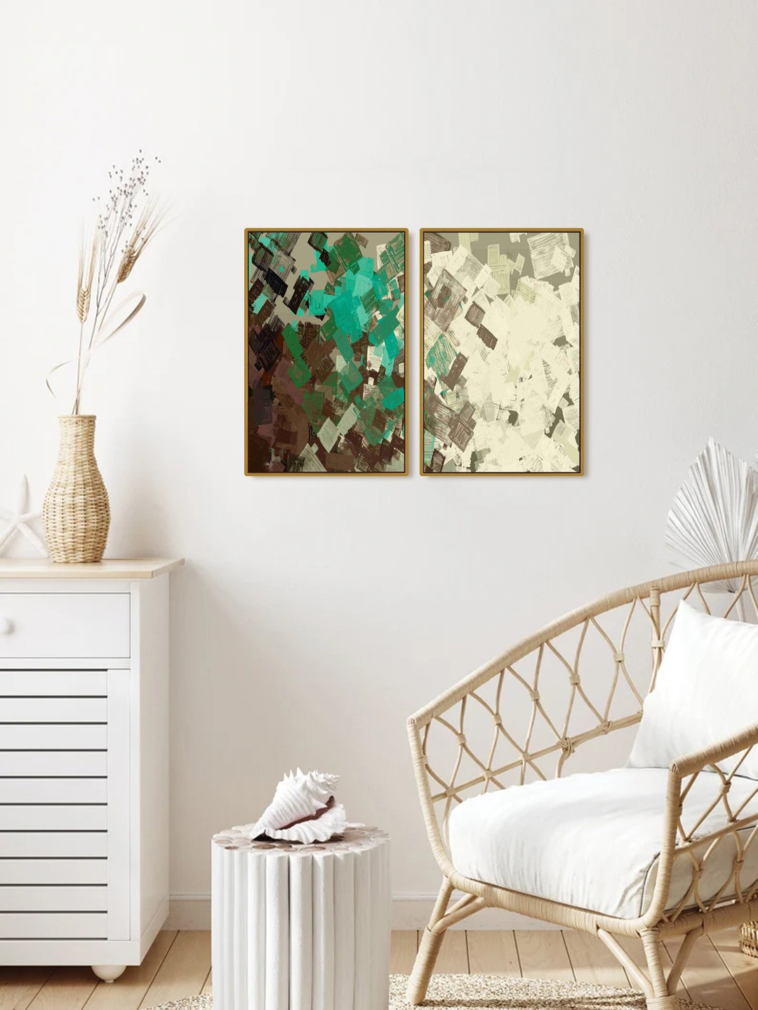 999Store Set Of 2 Green & Beige Printed Abstract Novella Modern Painting Wall Art