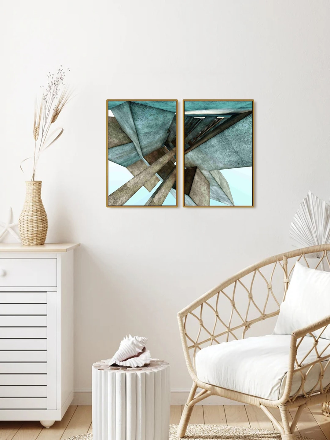 999Store Set Of 2 Brown & Teal Contemporary Abstract Wall Painting