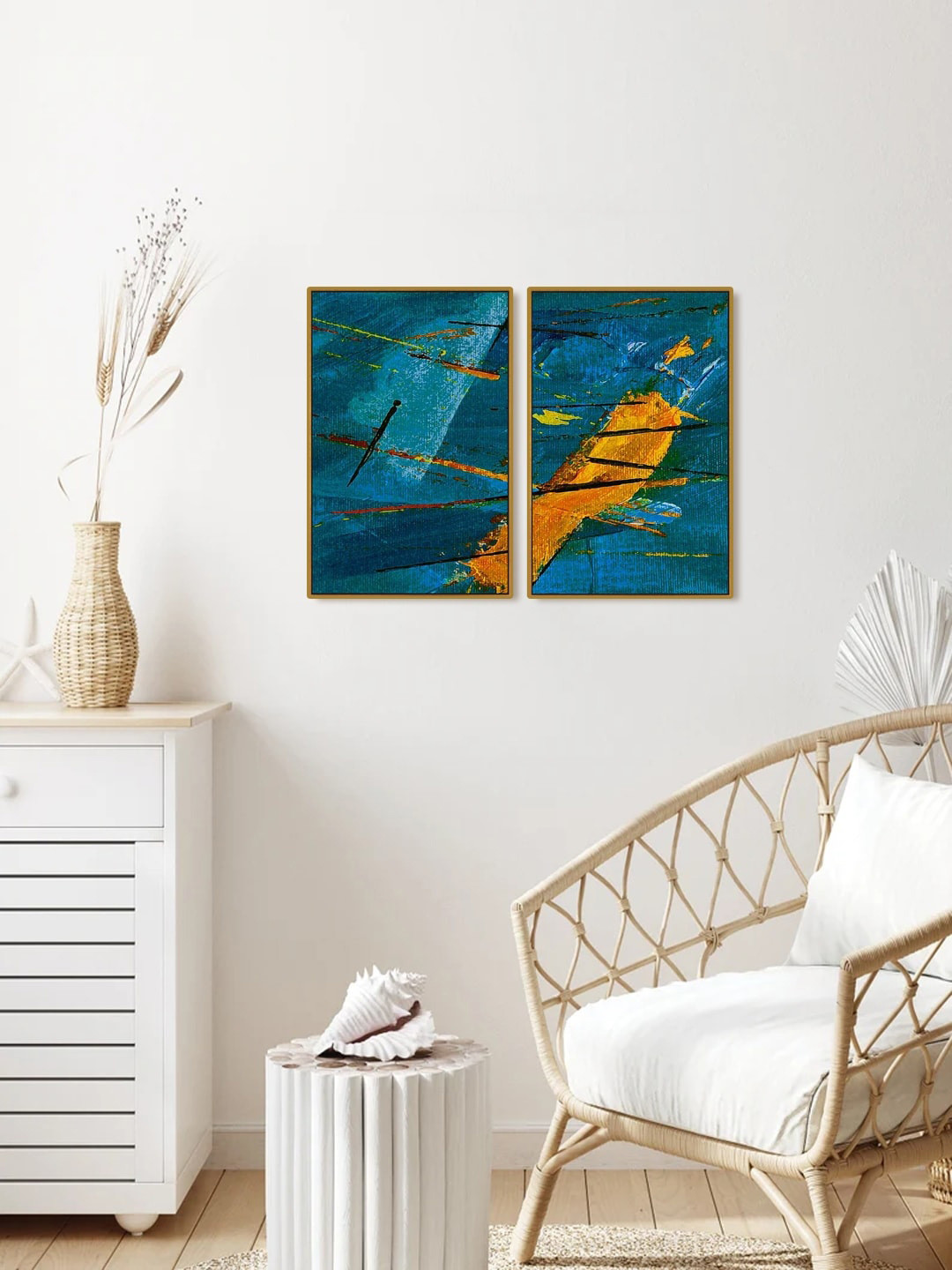 999Store Blue MDF 2 Pcs Wall Living Room Rectangle Paintings Wall Art -23.62 x 17.72In