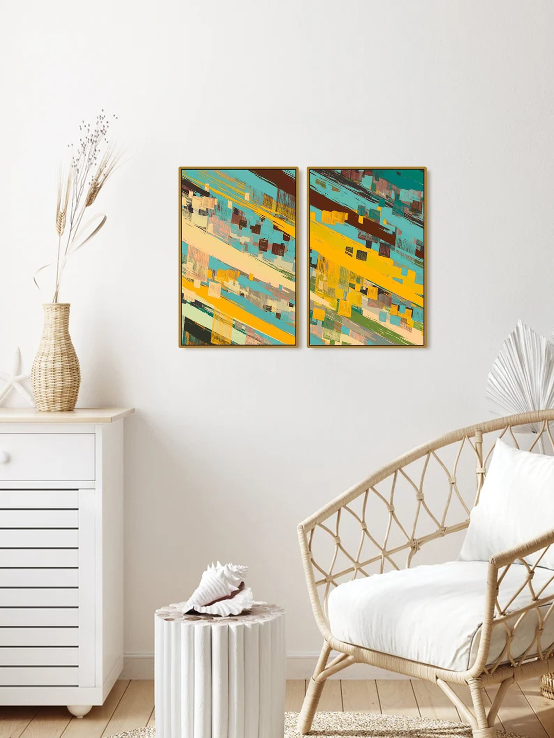 999Store Yellow MDF 2 Pcs Wall Living Room Rectangle Paintings Wall Art -24 x 18In