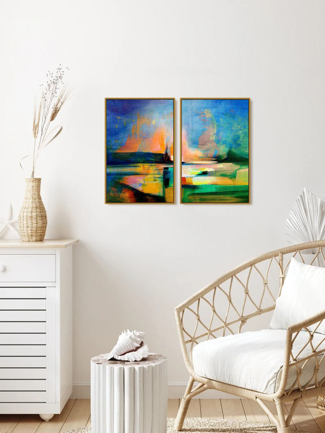 999Store Set Of 2 Blue & Orange Printed Landscape Abstract Painting Wall Art