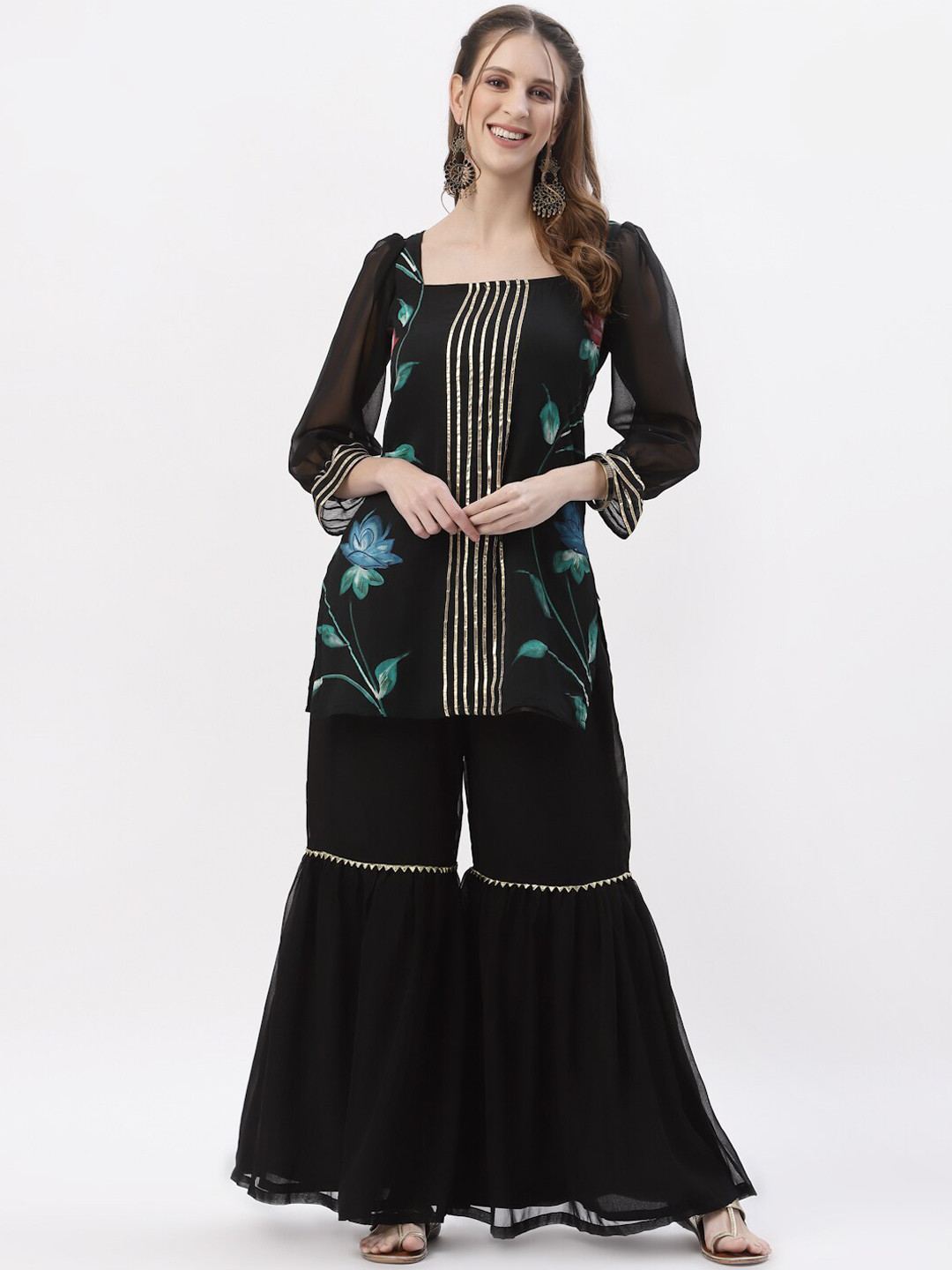 studio rasa Women Black Embroidered Tiered Gotta Patti Silk Georgette Kurti with Sharara & With Dupatta