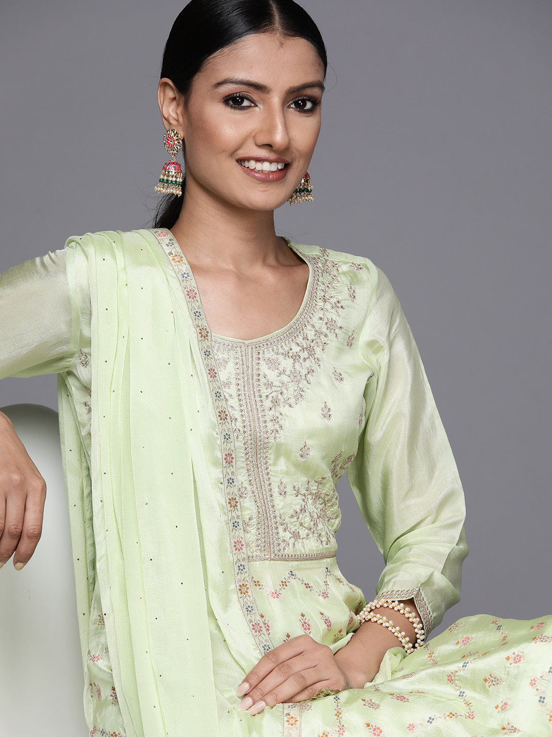Libas Womens Green Embroidered Anarkali Kurta With Churidar & Dupatta