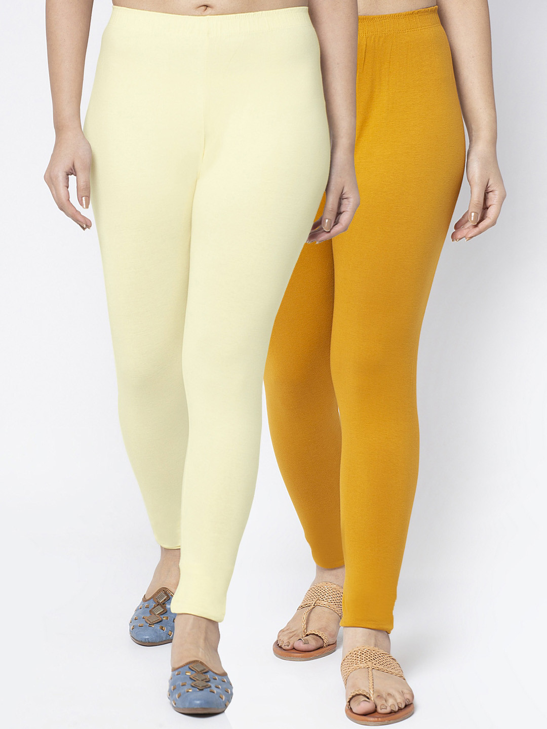 Jinfo Women Pack Of 2 Yellow & Cream Solid Ankle-Length Leggings
