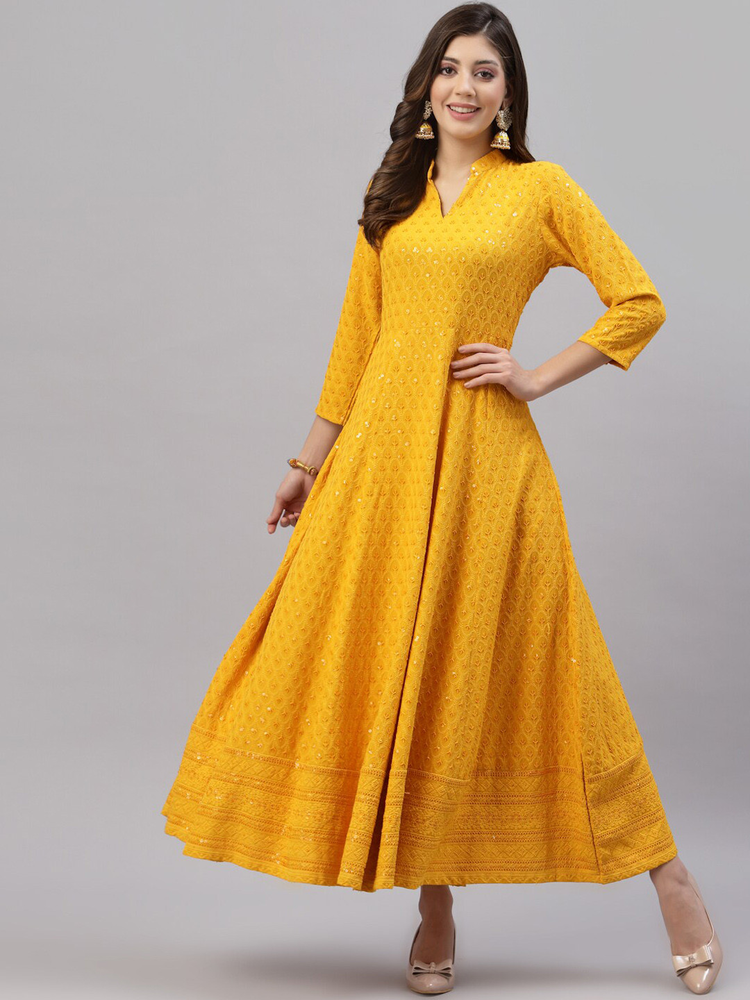 Get Glamr Women Mustard Yellow Floral Embroidered Floral Anarkali Kurta