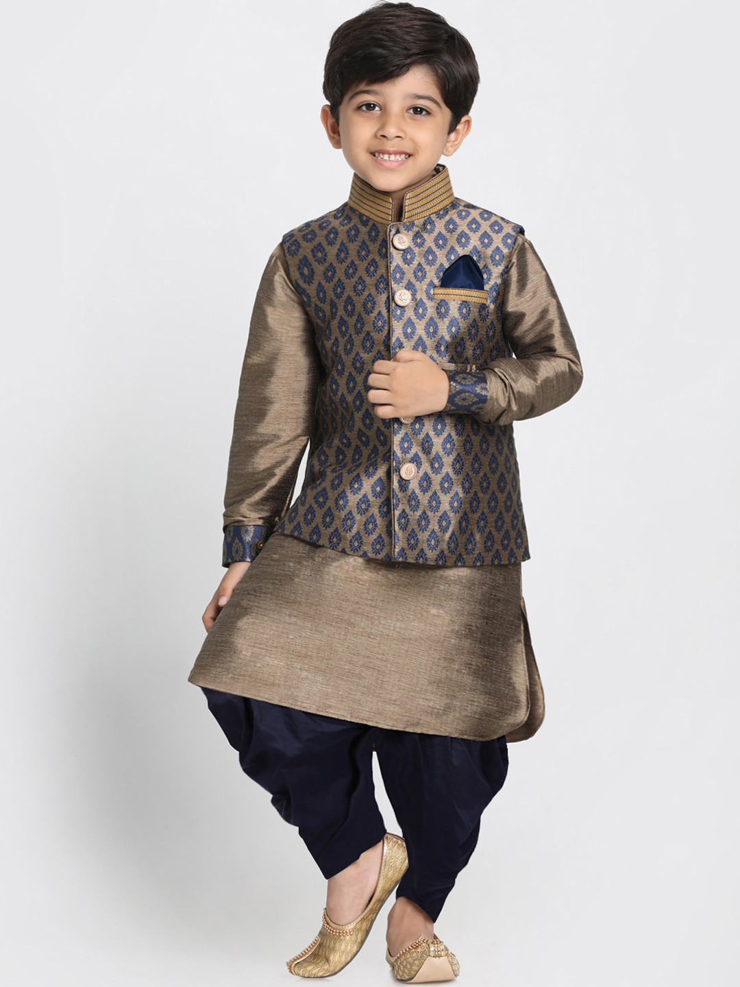 VASTRAMAY Boys Bronze-Toned Ethnic Motifs Layered Kurti with Dhoti Pants