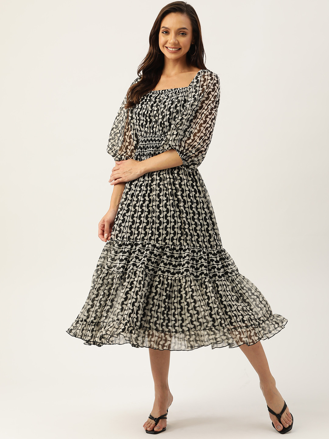 Antheaa Black & White Chiffon Printed Tiered Midi Dress