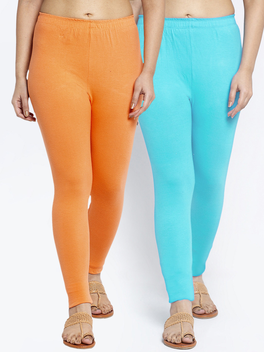 GRACIT Women Pack of 2 Orange and blue Solid  Leggings
