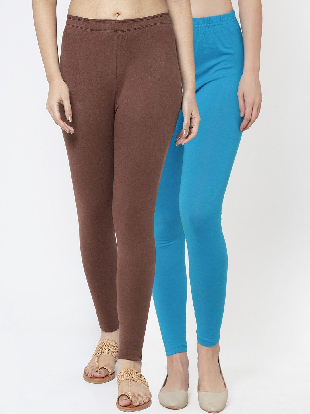 GRACIT Women Pack  Of 2 Brown Sky Blue Solid  Leggings