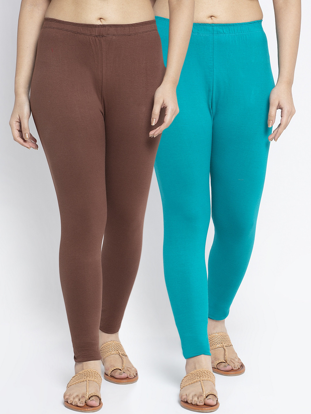 GRACIT  Women Pack Of 2 Brown Light Blue Solid Ankle-Length Leggings