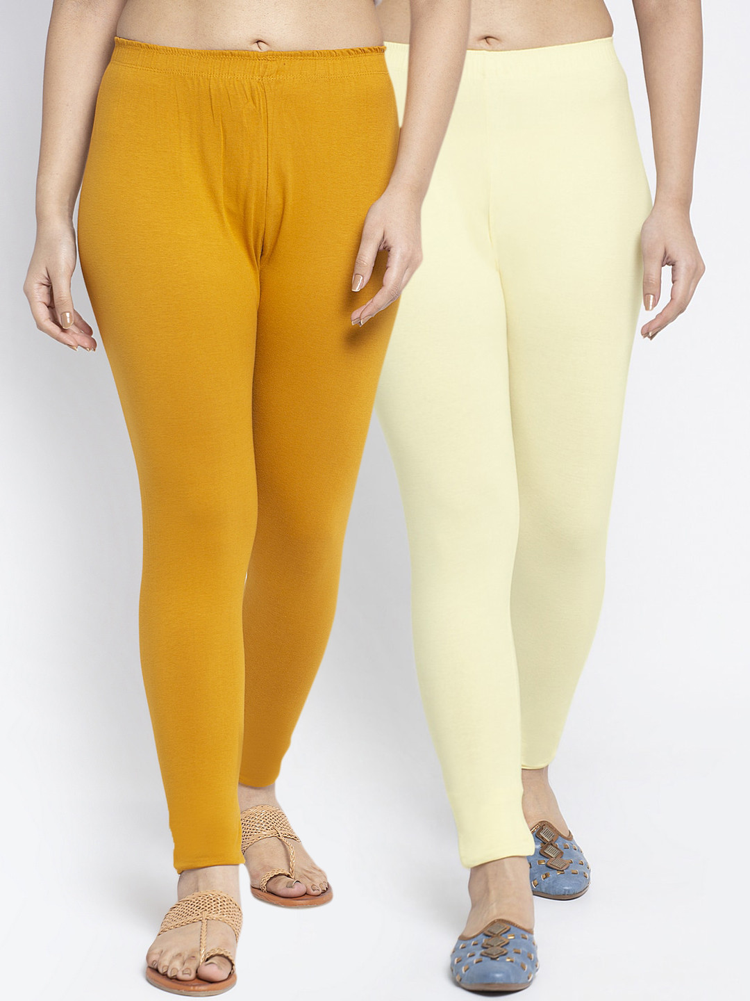 GRACIT Women Pack Of 2 Yellow & Cream Coloured Solid Ankle-Length Leggings