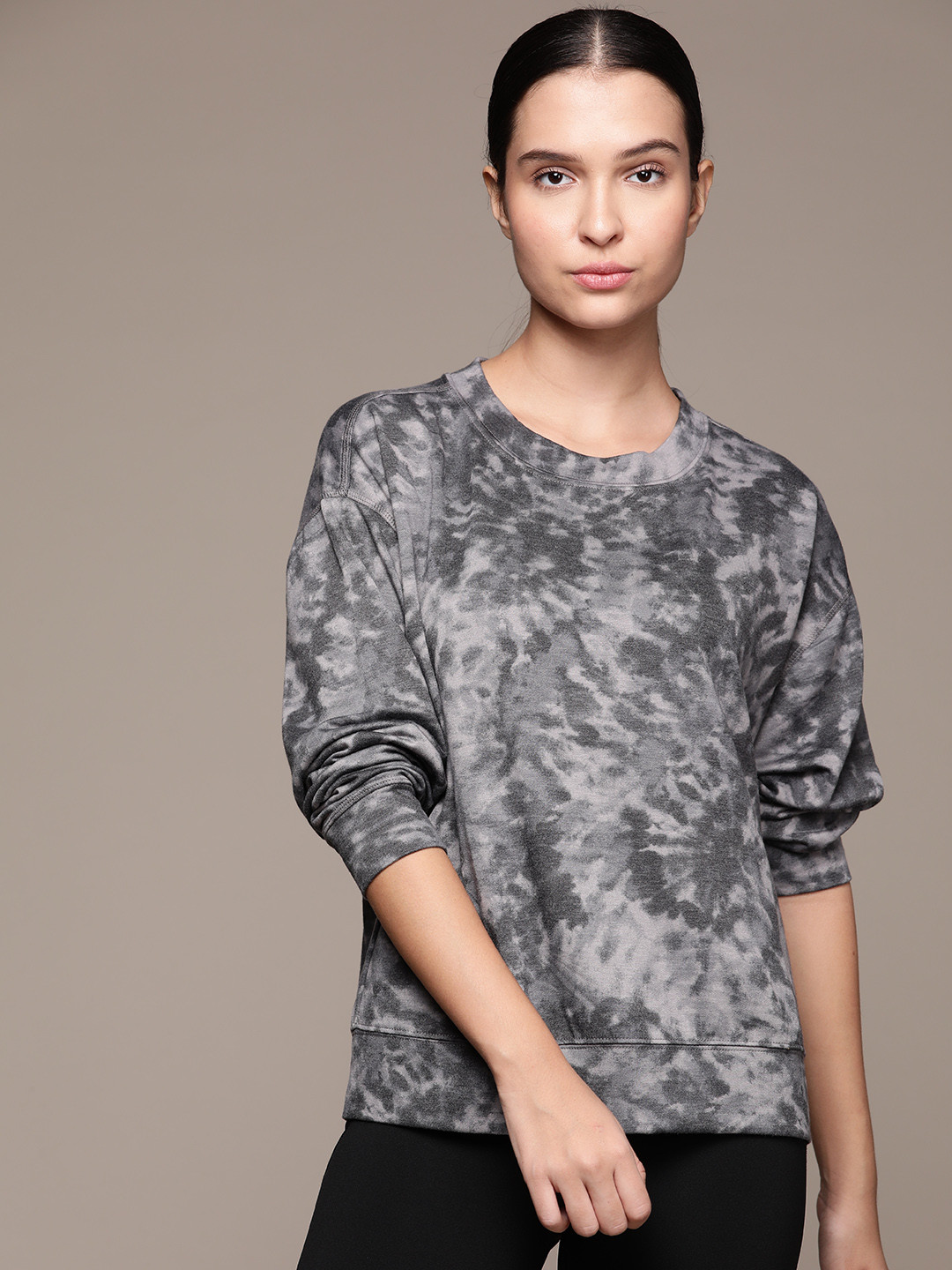 Macy's Jenni Women Taupe & Charcoal Grey Printed Top