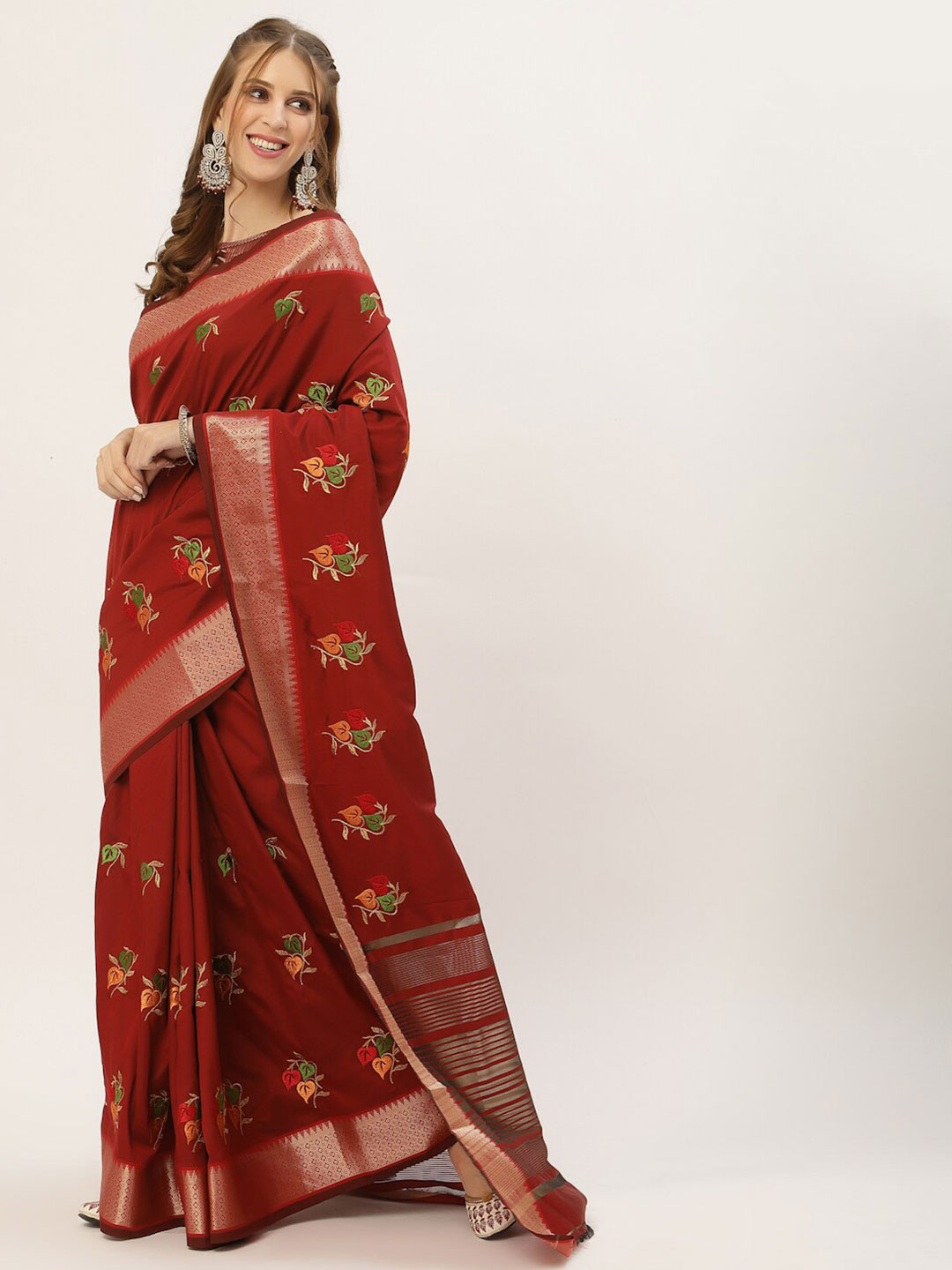 SERONA FABRICS Maroon & Green Woven Design Embroidered Silk Cotton Banarasi Saree