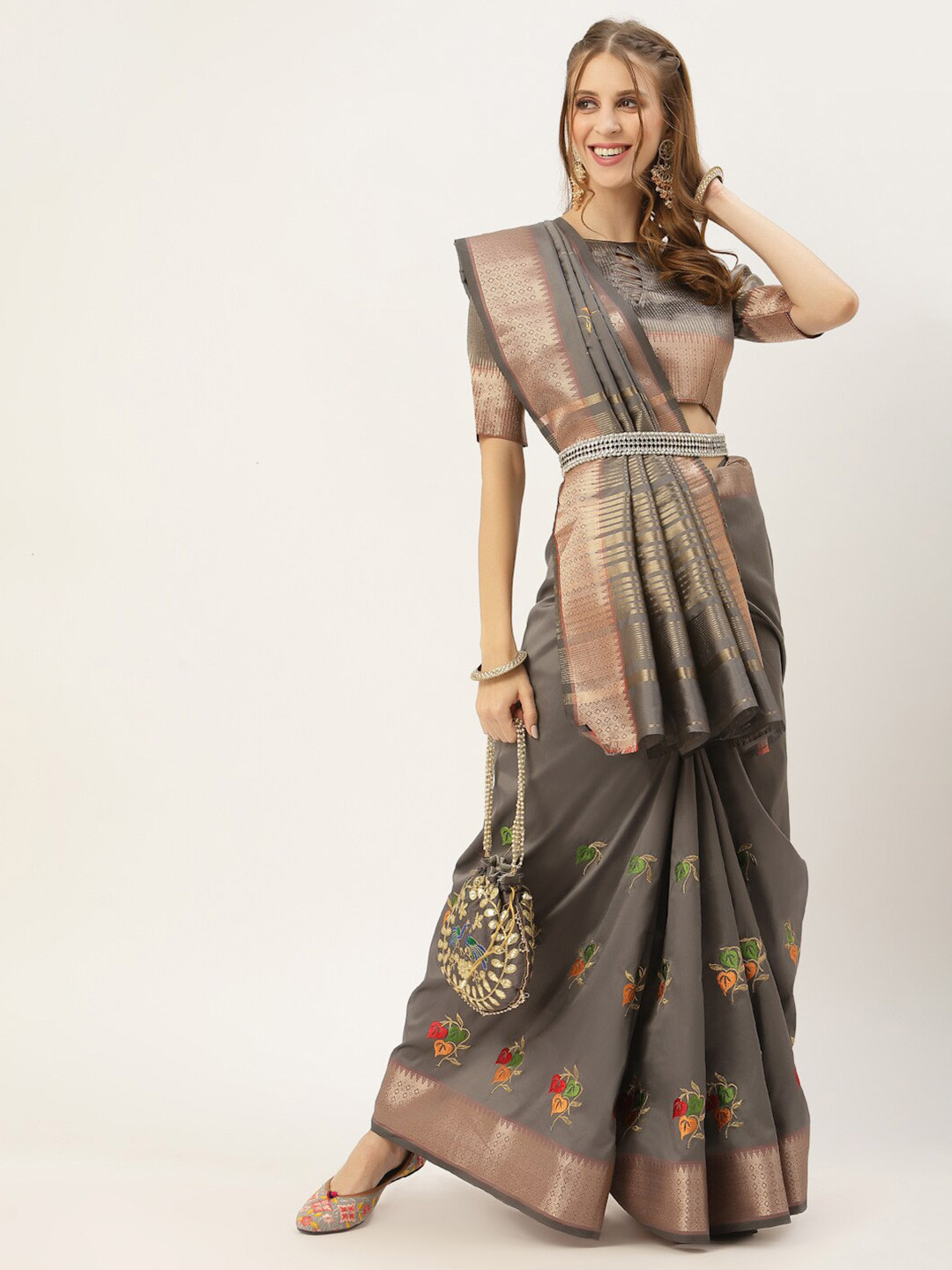 SERONA FABRICS Grey & Red Floral Embroidered Silk Cotton Banarasi Saree